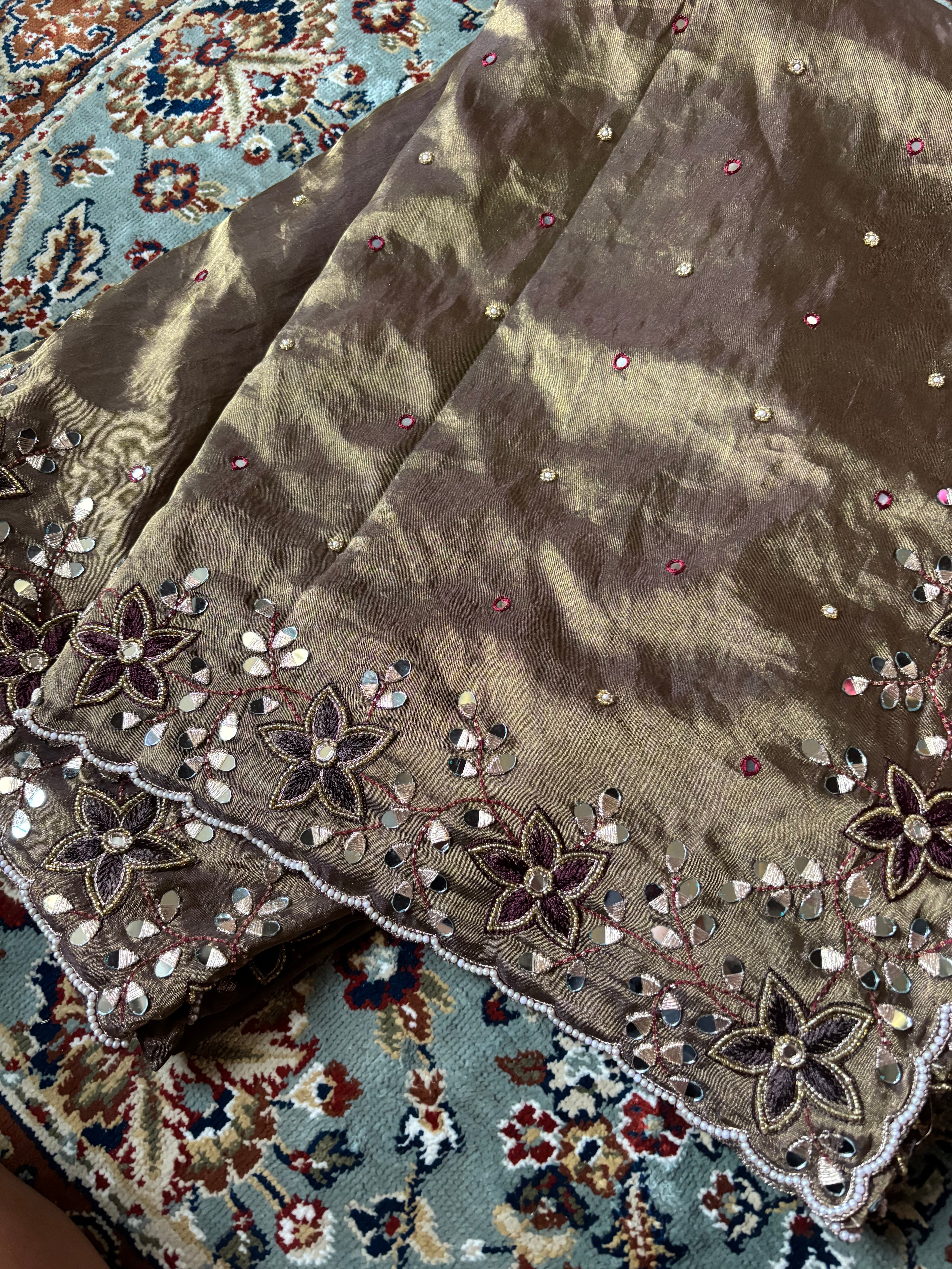 Sheesha aur moti - Chocolate brown mirrorwork and pearlwork hand embroidered saree
