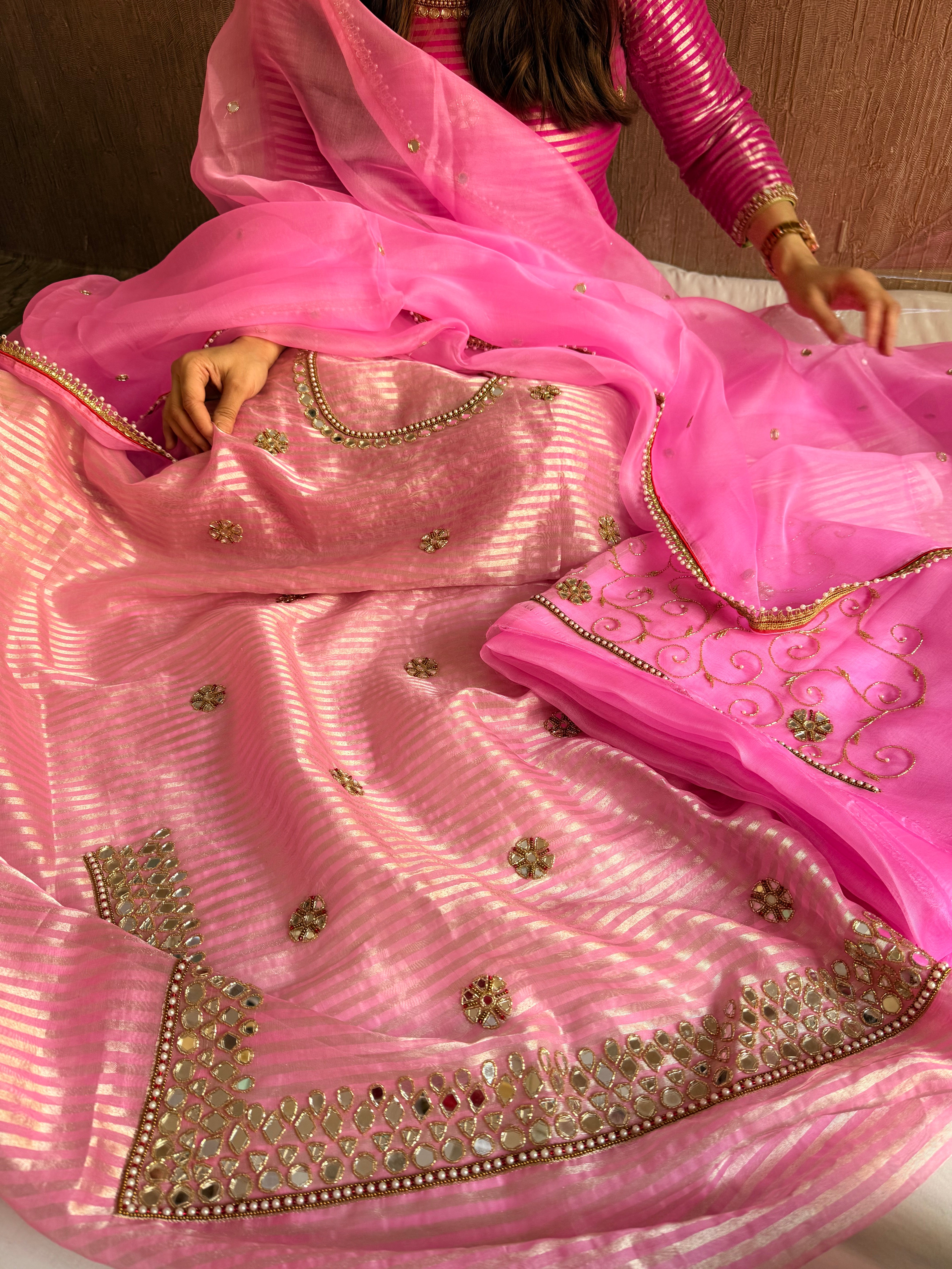 Kora silk silver zari striped mirror work edit hand embroidered kadhwa suit set