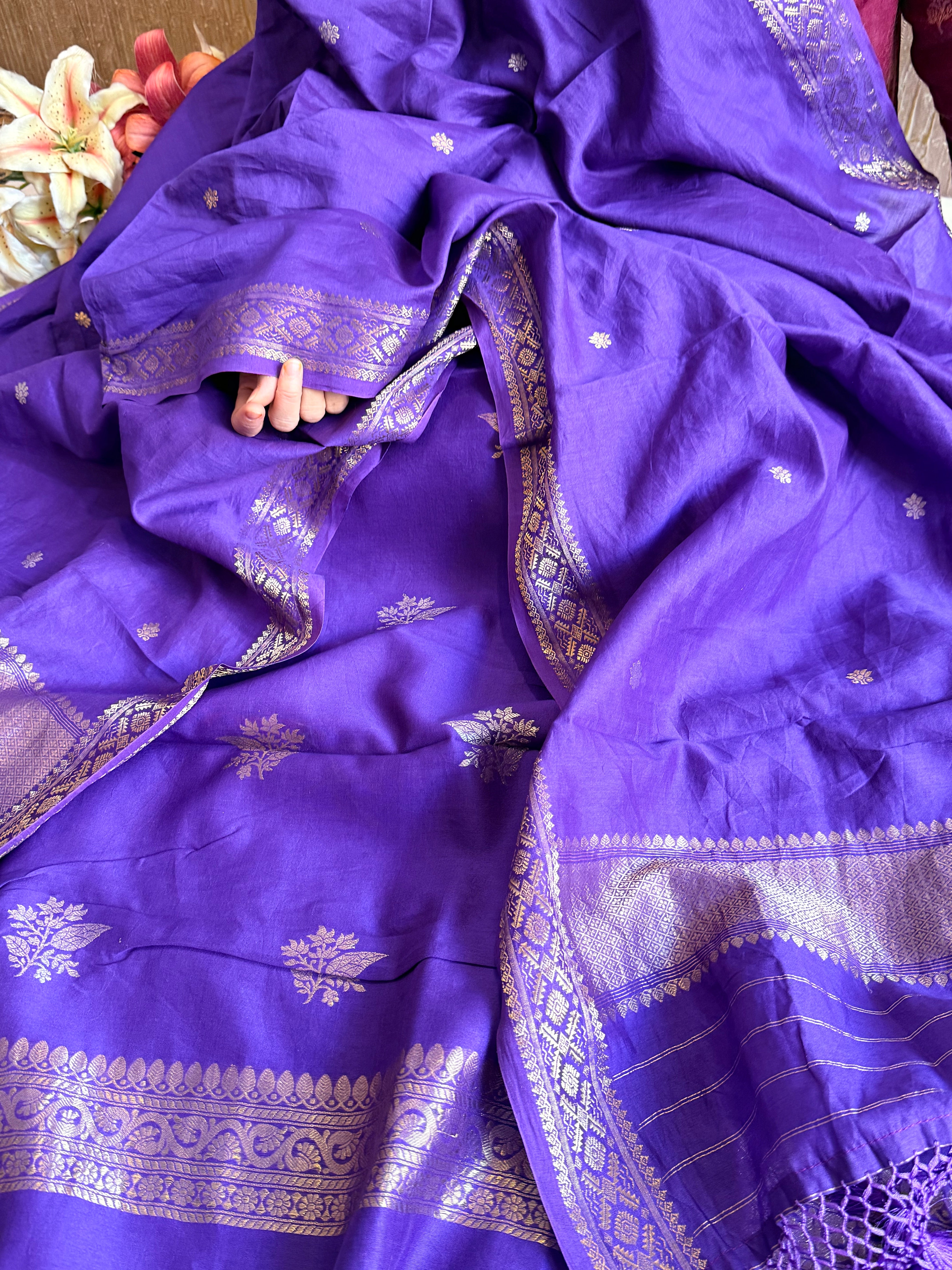 Mul cotton banarasi kadhwa buti deep purple suit set