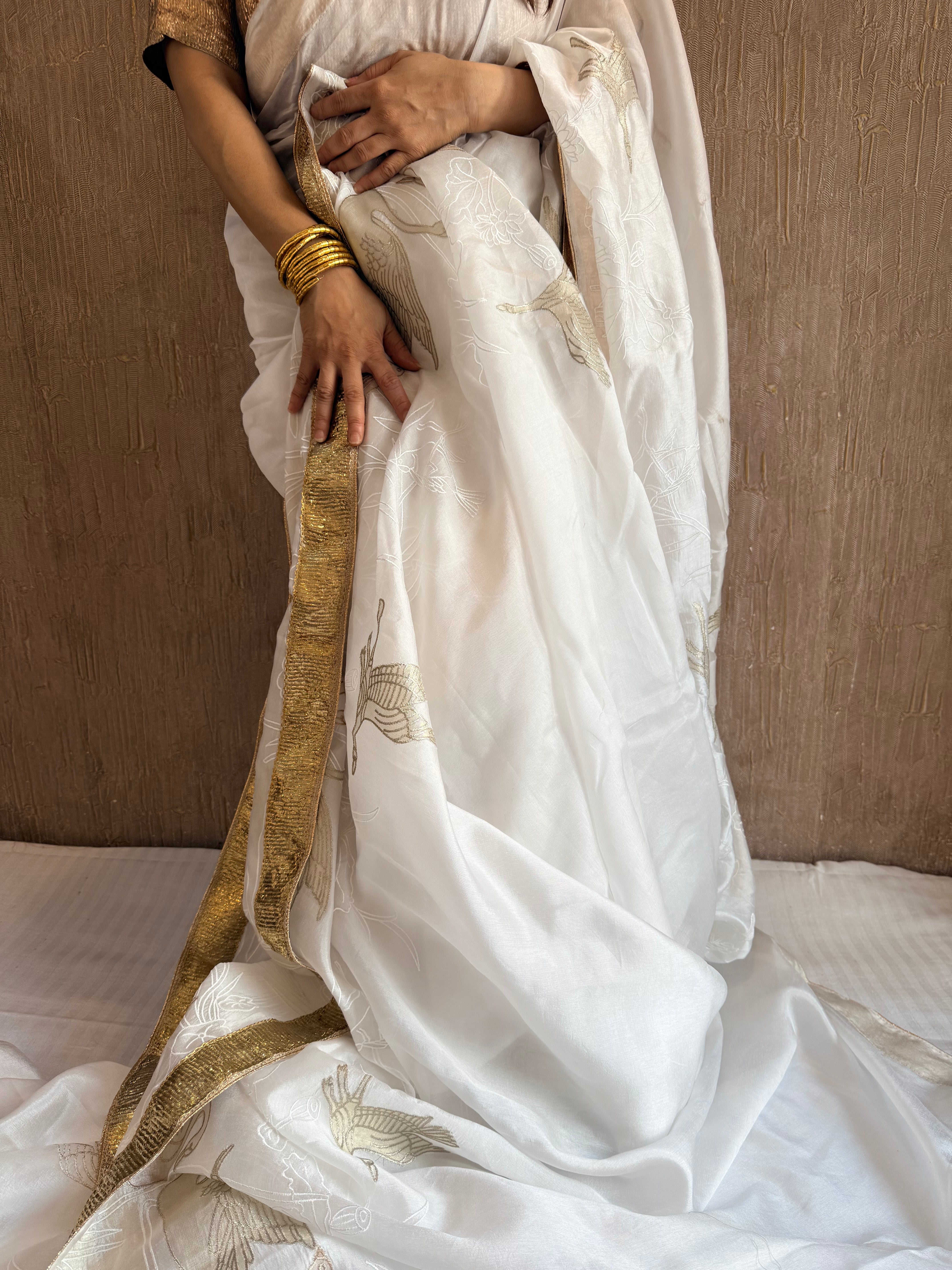 Hans wala safeed spun chiniya silk appliqué tissue hand embroidered lampiwork saree