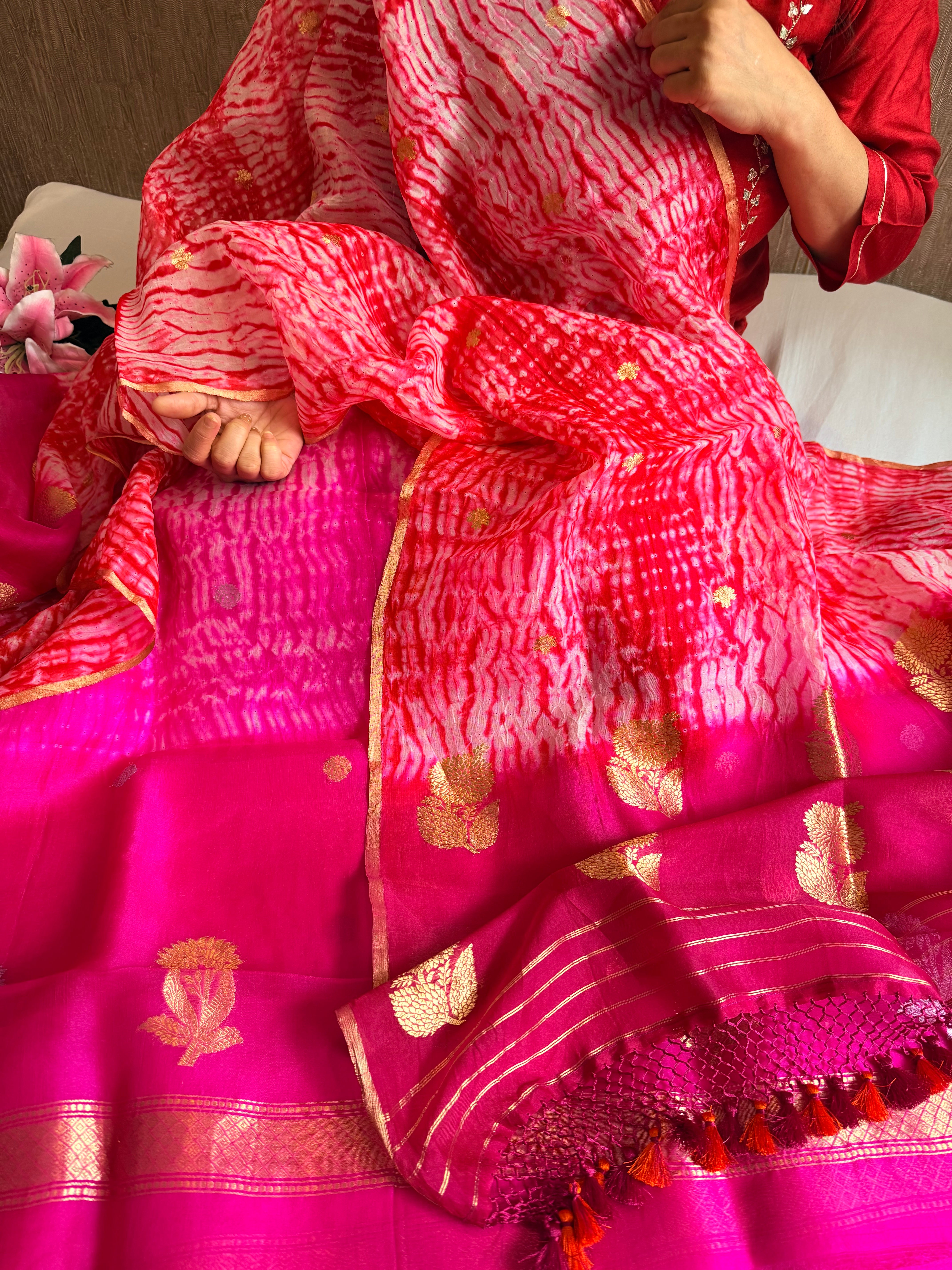 Banarasi kora silk shibori dyed kadhwa buti meenakari suit set