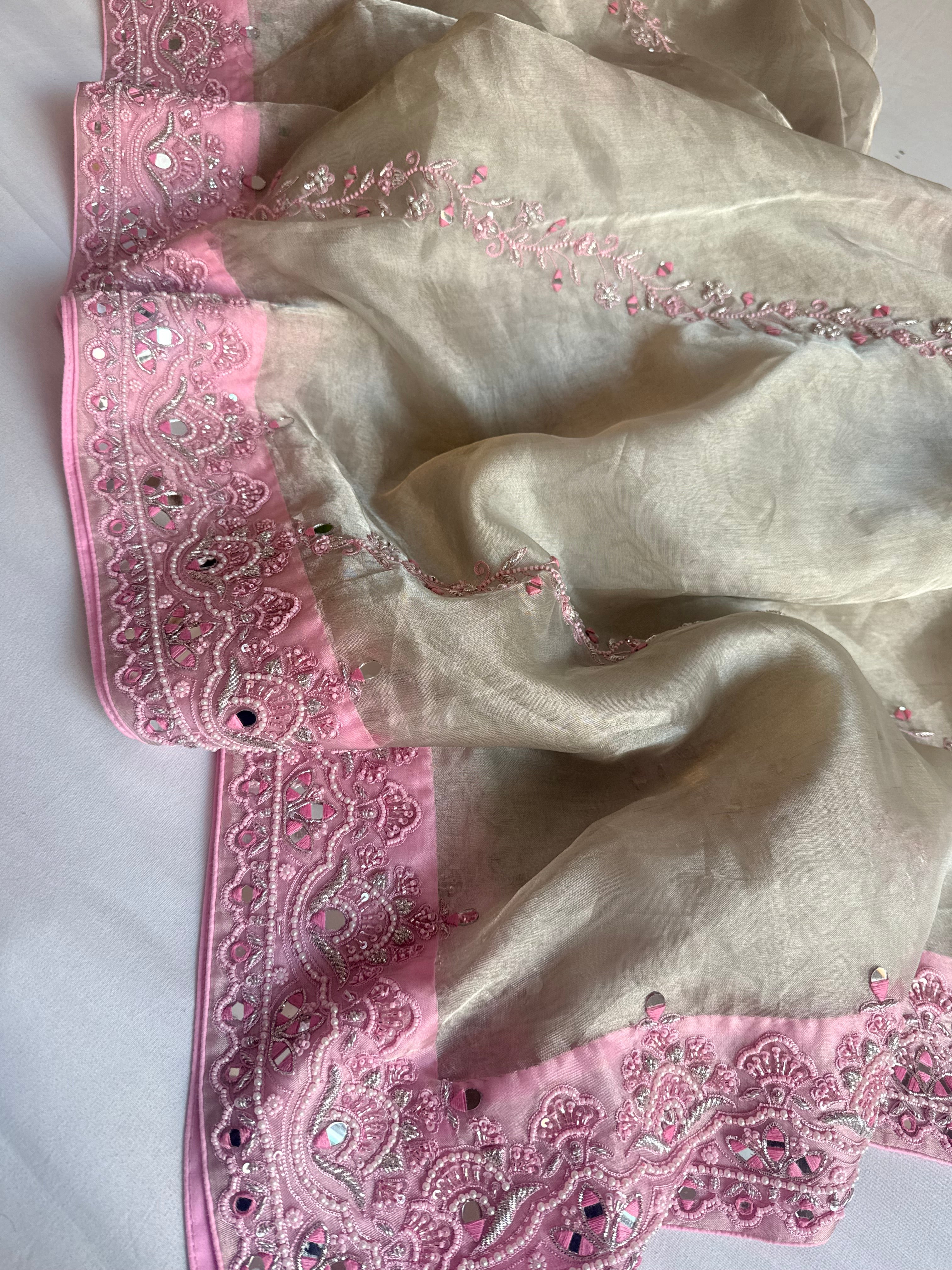 Silsila edit pink hand embroidered gulabi diamond tissue saree