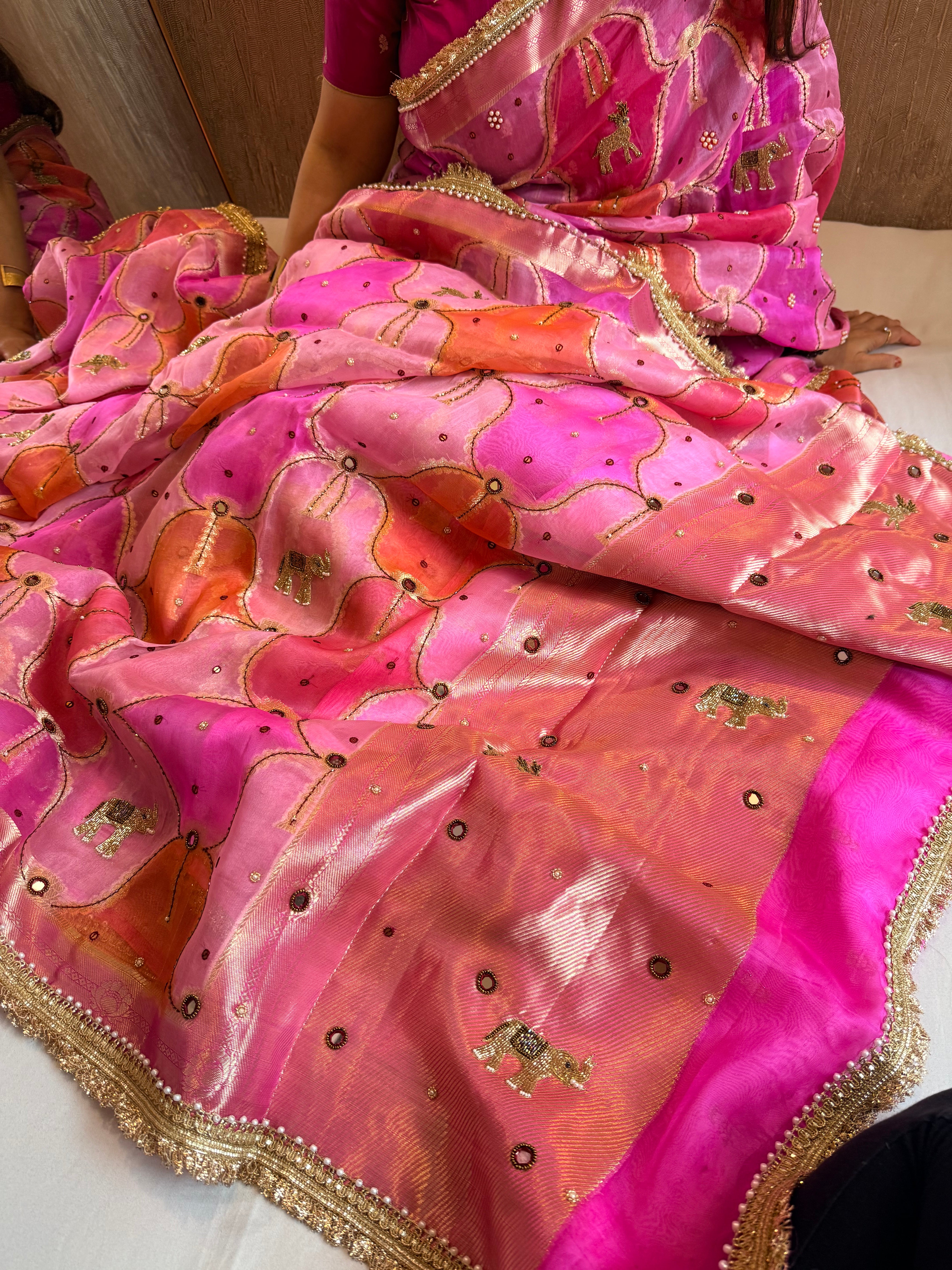 Rakhi edit - Candy pink kora silk rangkaat weaving hand embroidered saree