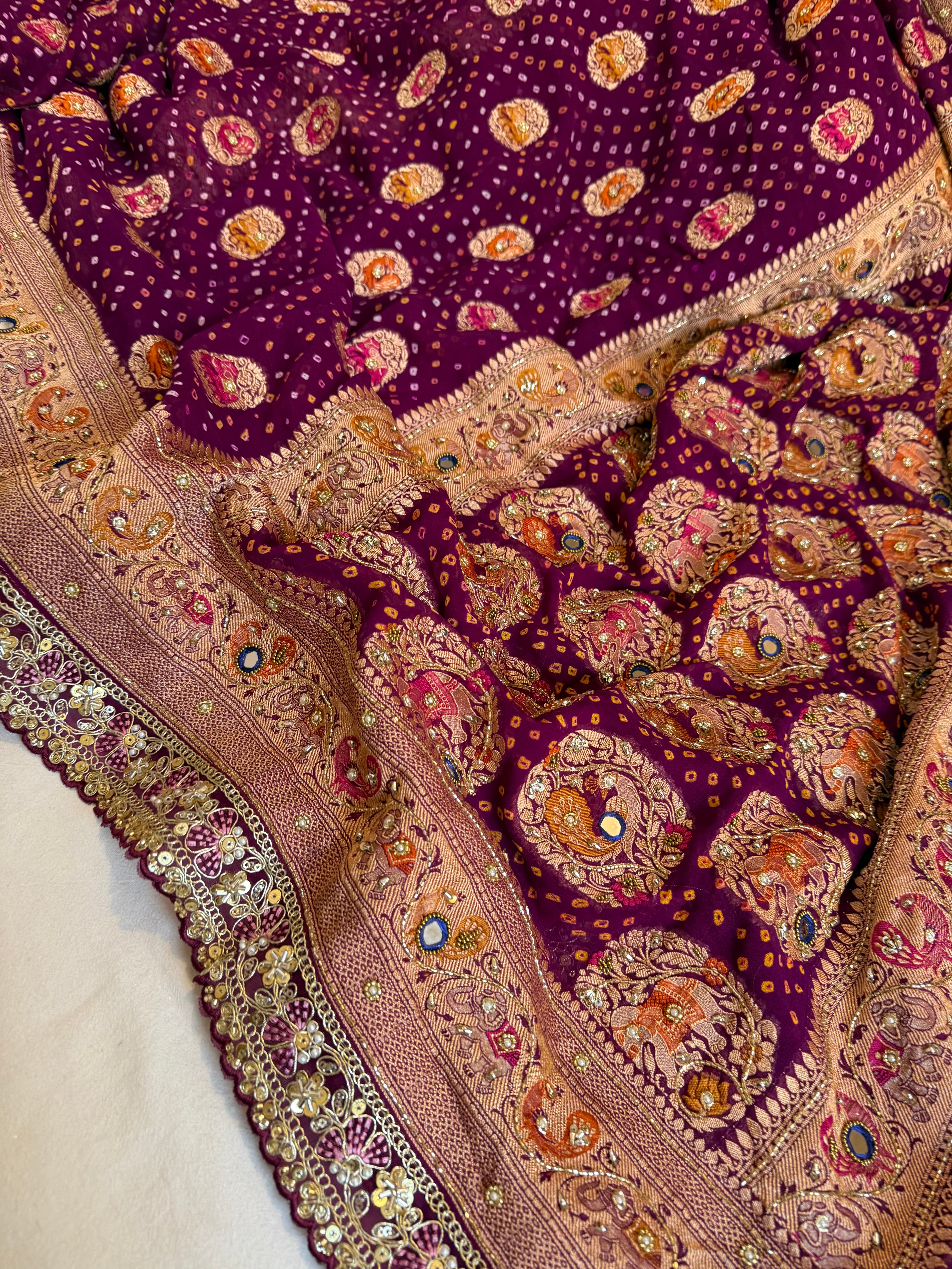 Banarasi rai bandhej gorgette hand embroidered kadhwa saree