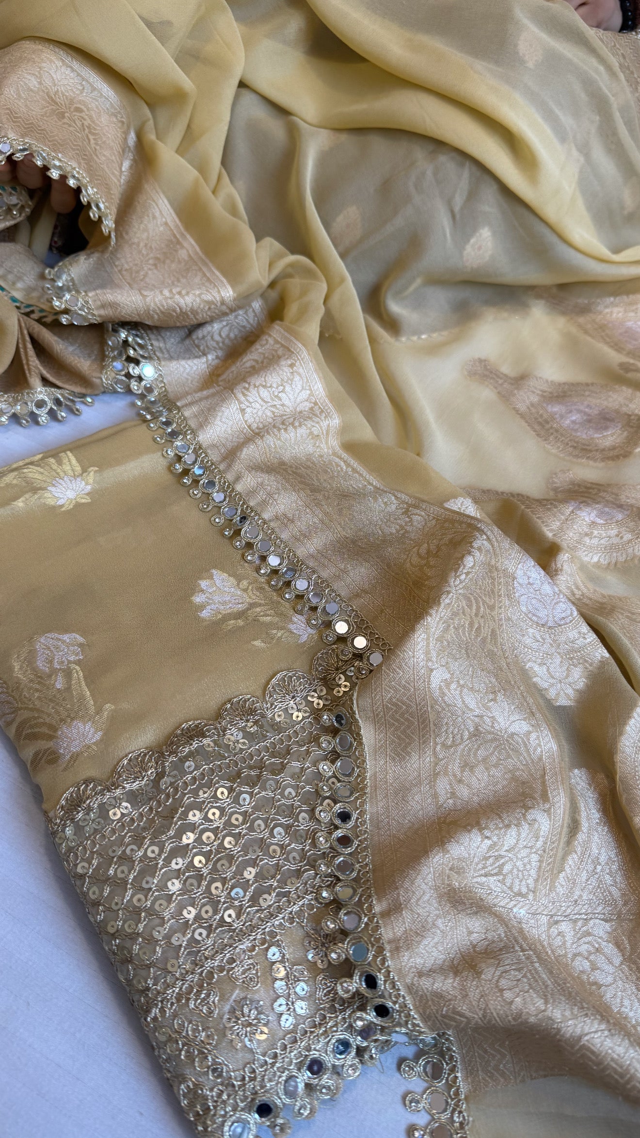 Banarasi dusty gold gorgette mirror work gotapatti suit set
