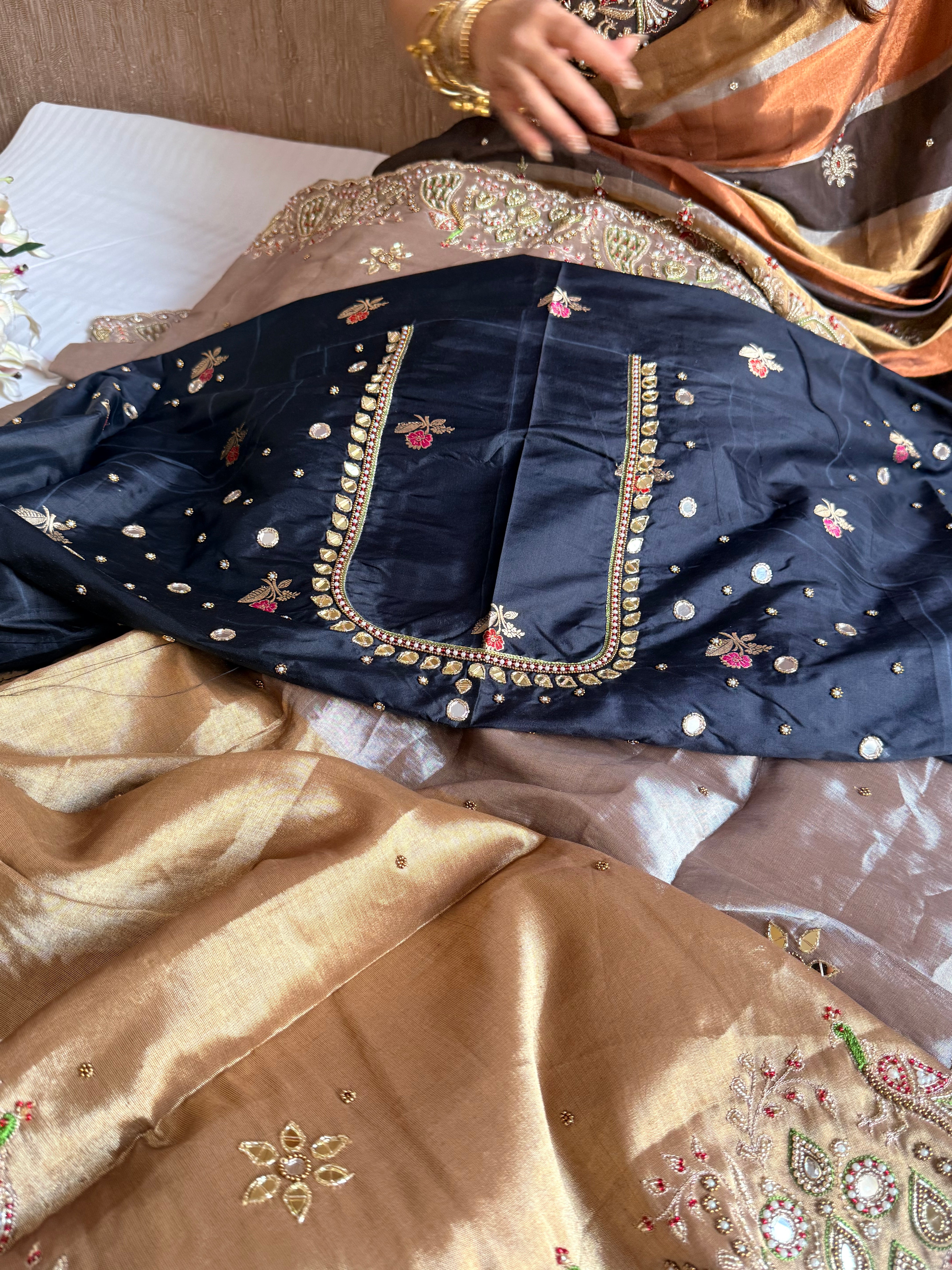 Kanjivaram banarasi tissue silk hand embroidered kadhwa saree with katan silk blouse