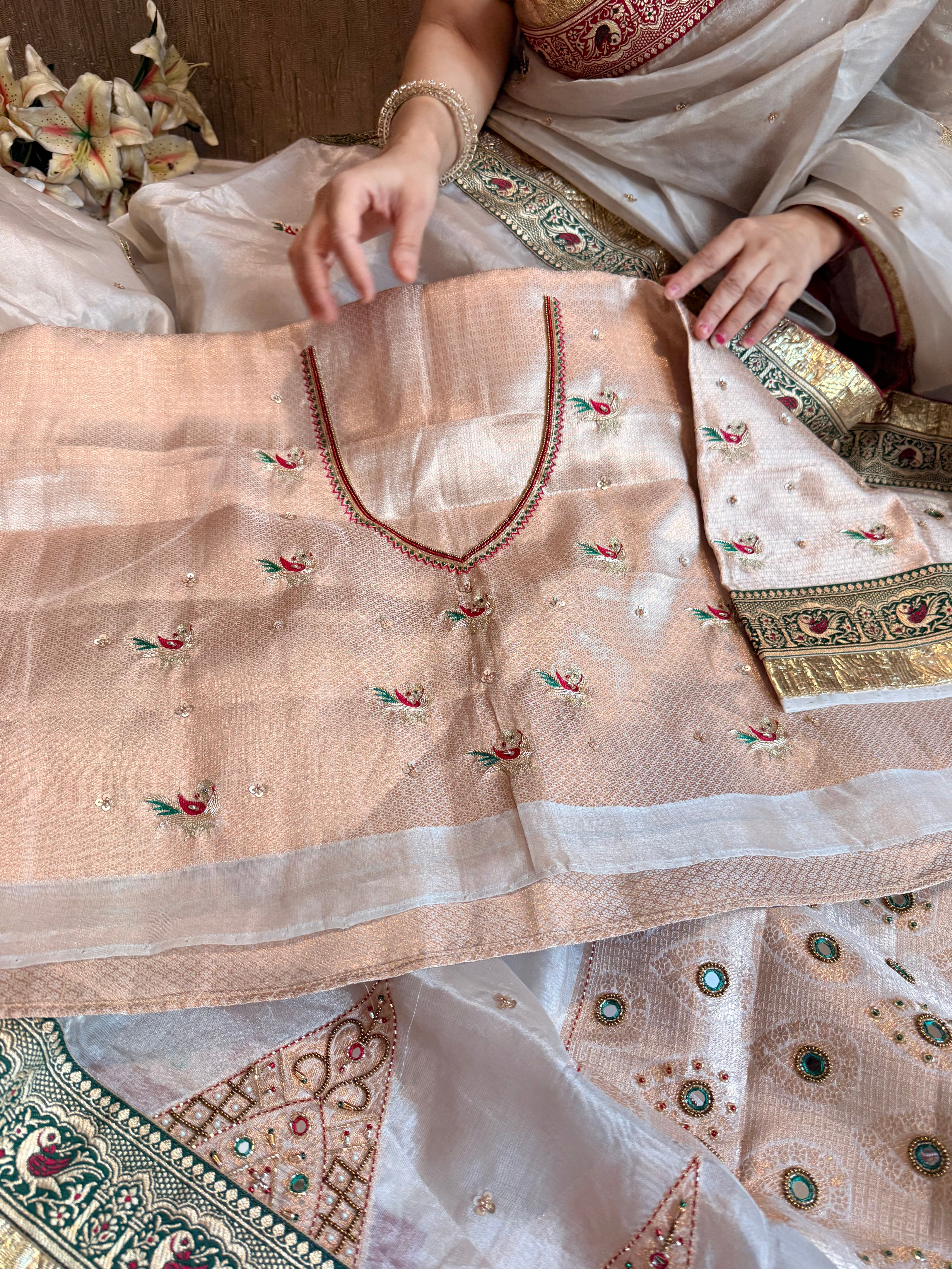 Toran temple border Ivory tissue silk patchwork hand embroidered border saree