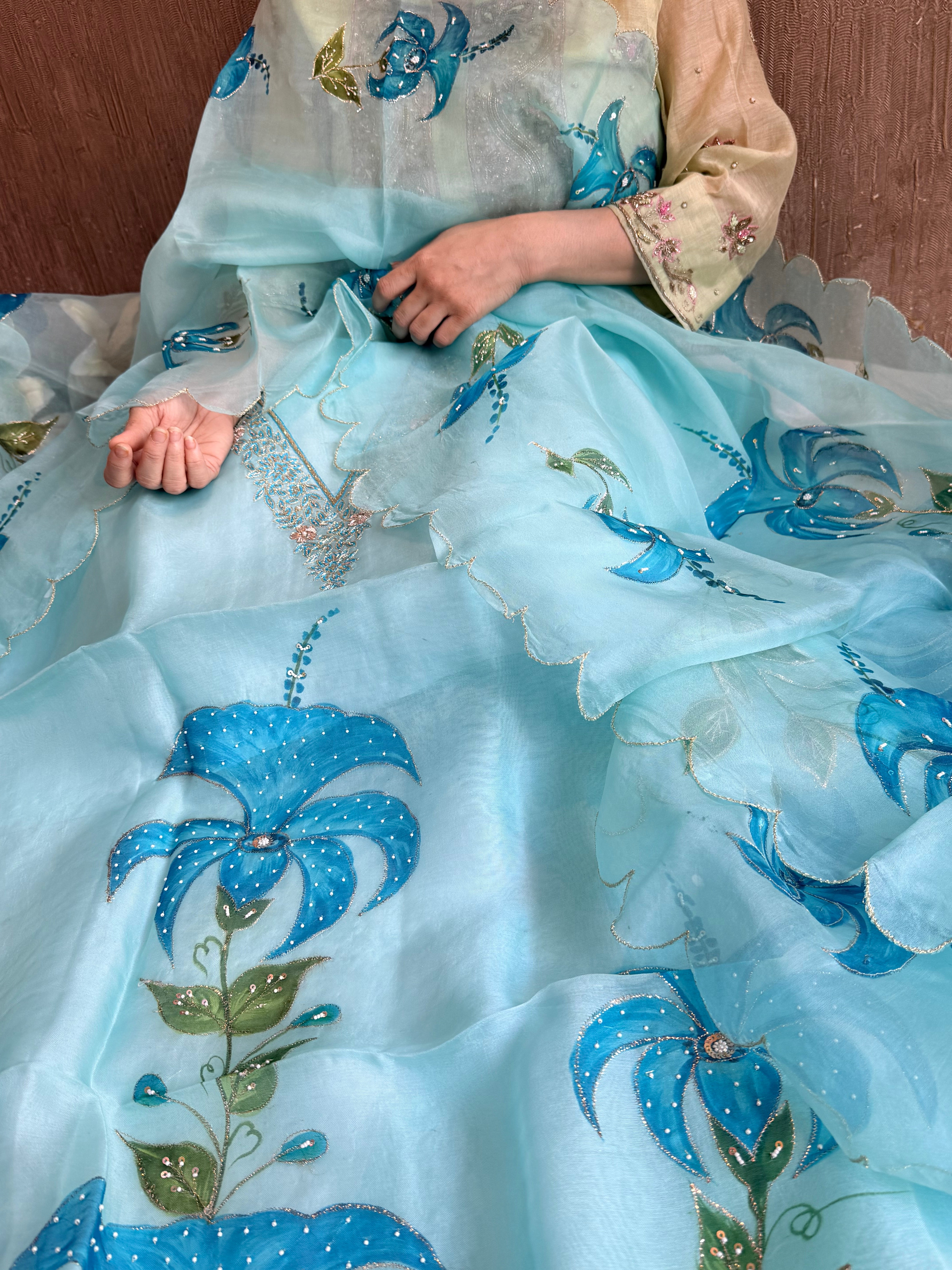 Banarasi Kora silk hand embroidered floral printed suit set