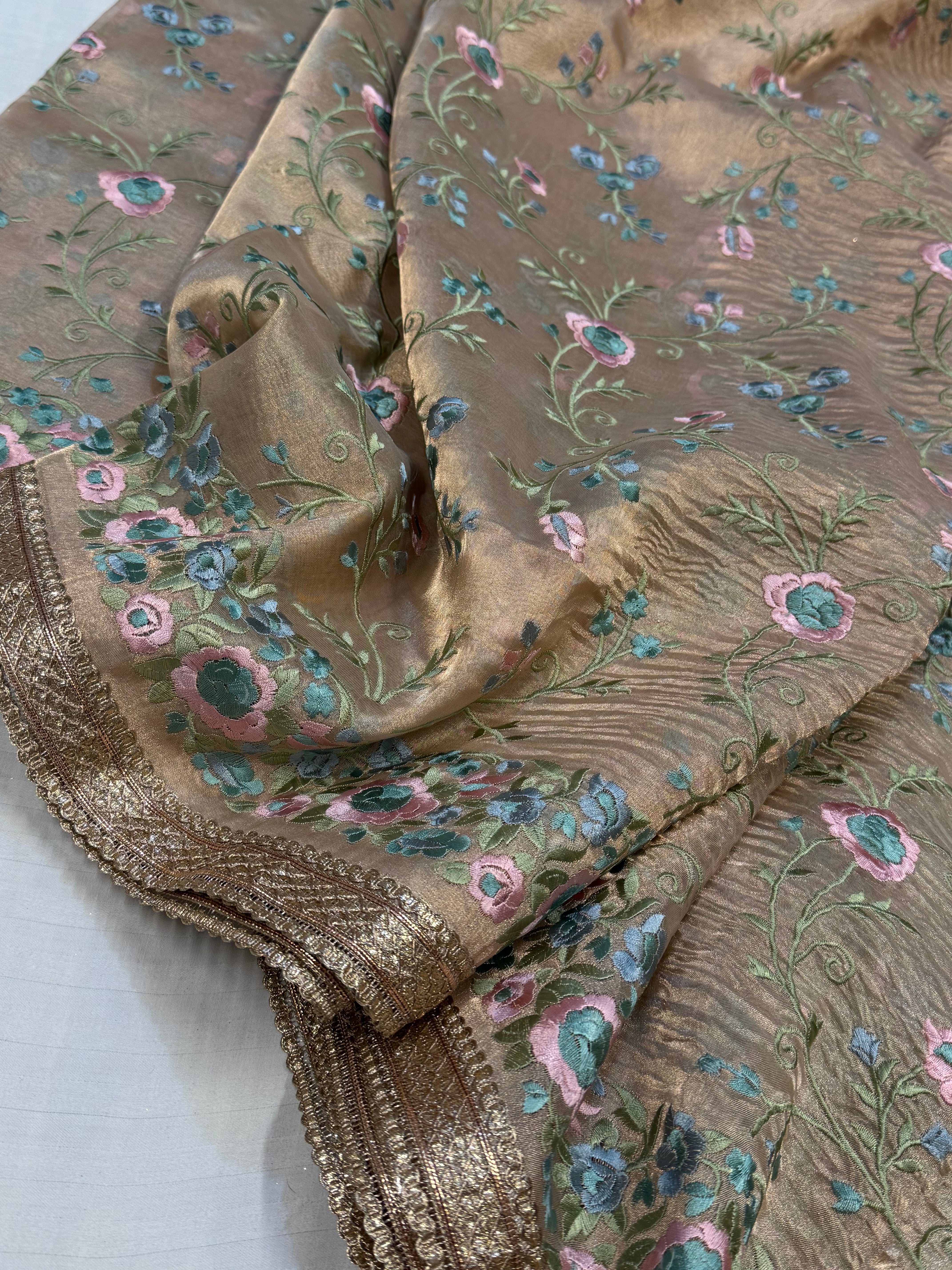 “Parsi gara” inspired tissue silk heavy resham work hand embroidered kadhwa saree