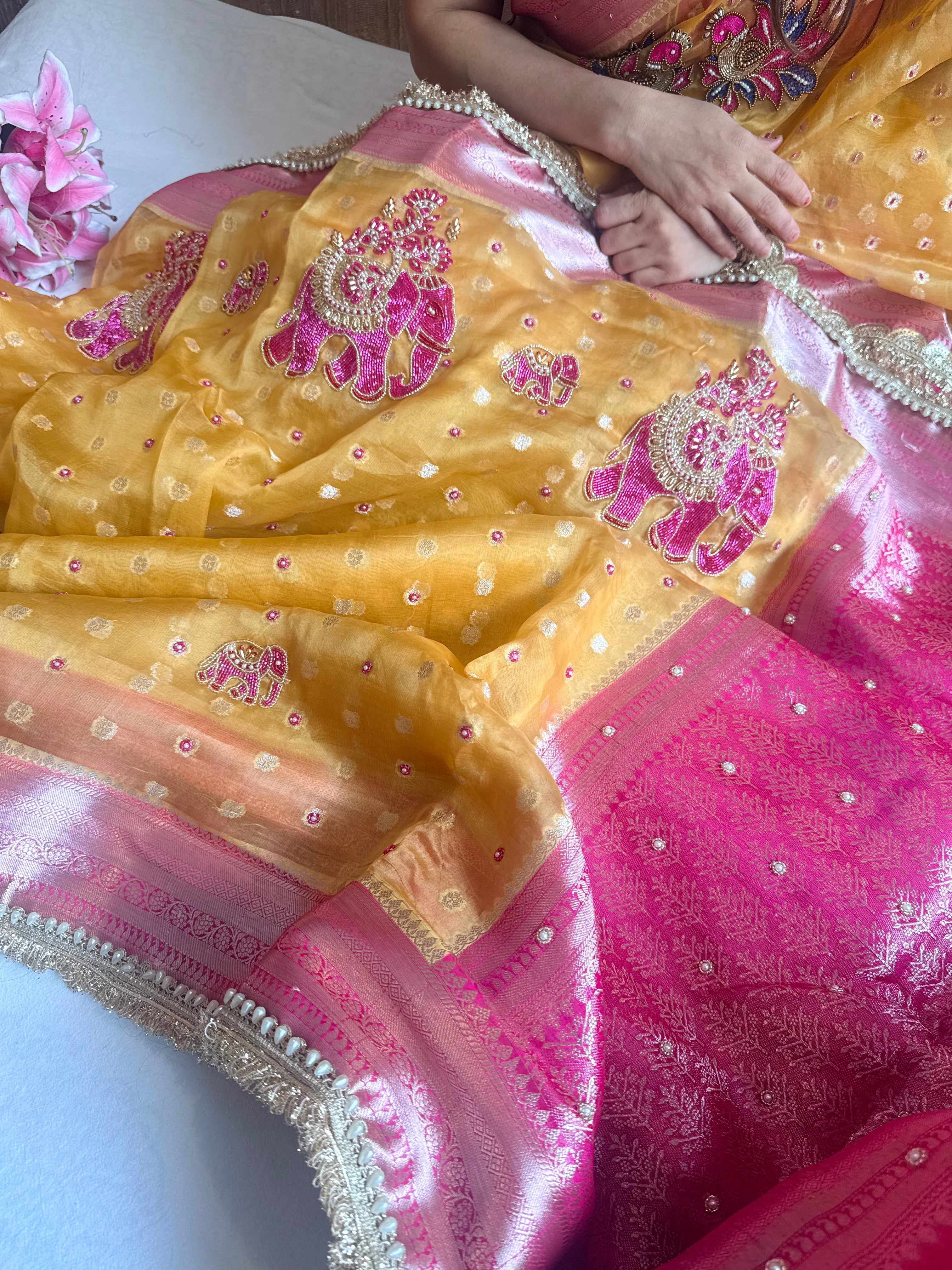 Gulabi meenakari hathi haldi yellow kora silk kadhwa buti hand embroidered saree
