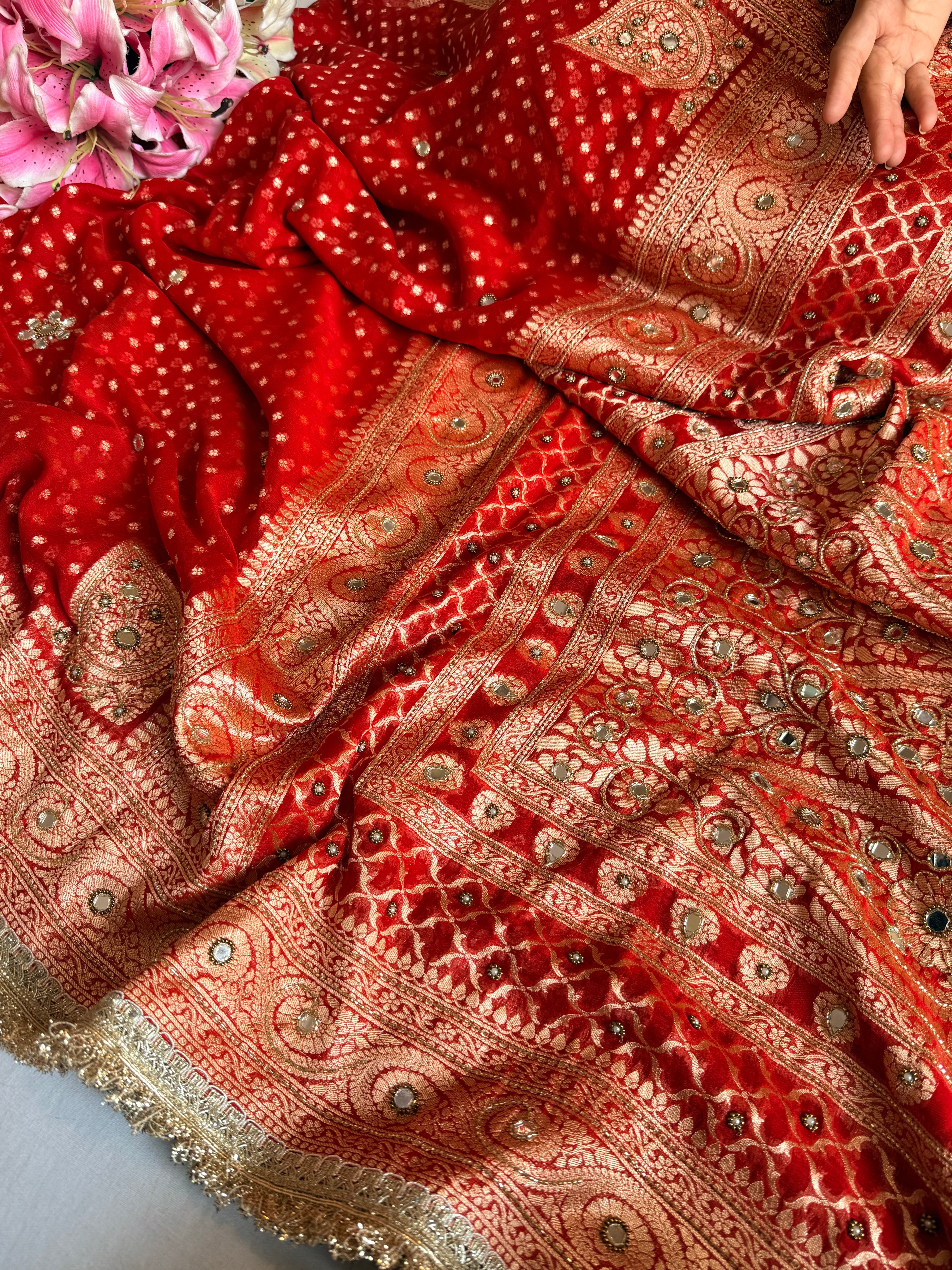 Bridal red chiffon gorgette kohniya buti hand embroidered saree
