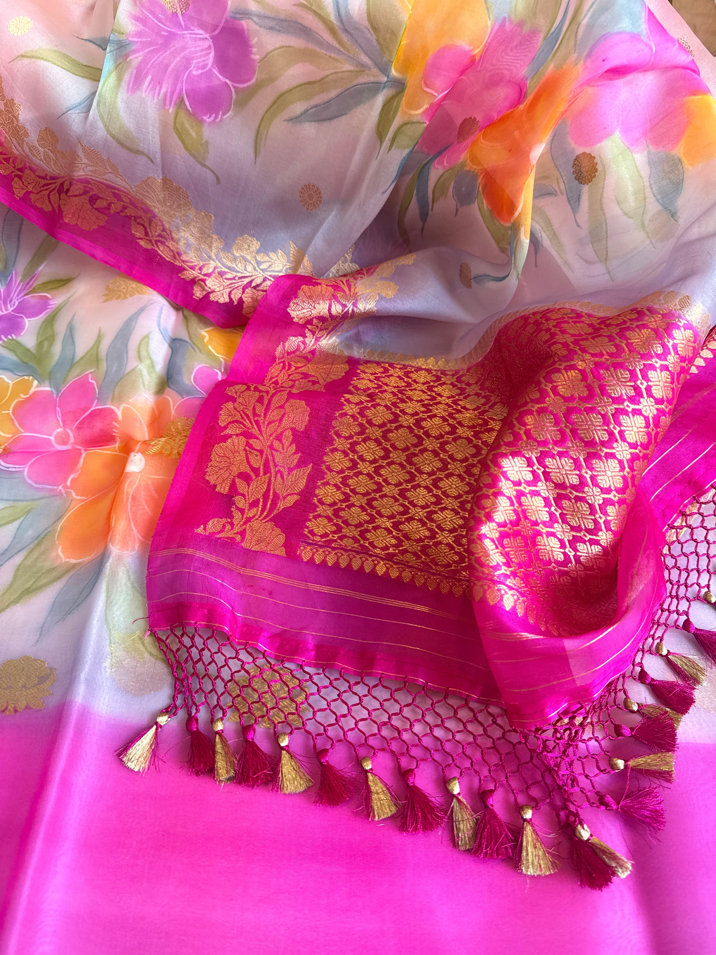 Rainbow dyed kora silk handpainted brush dyed banarasi suit sets