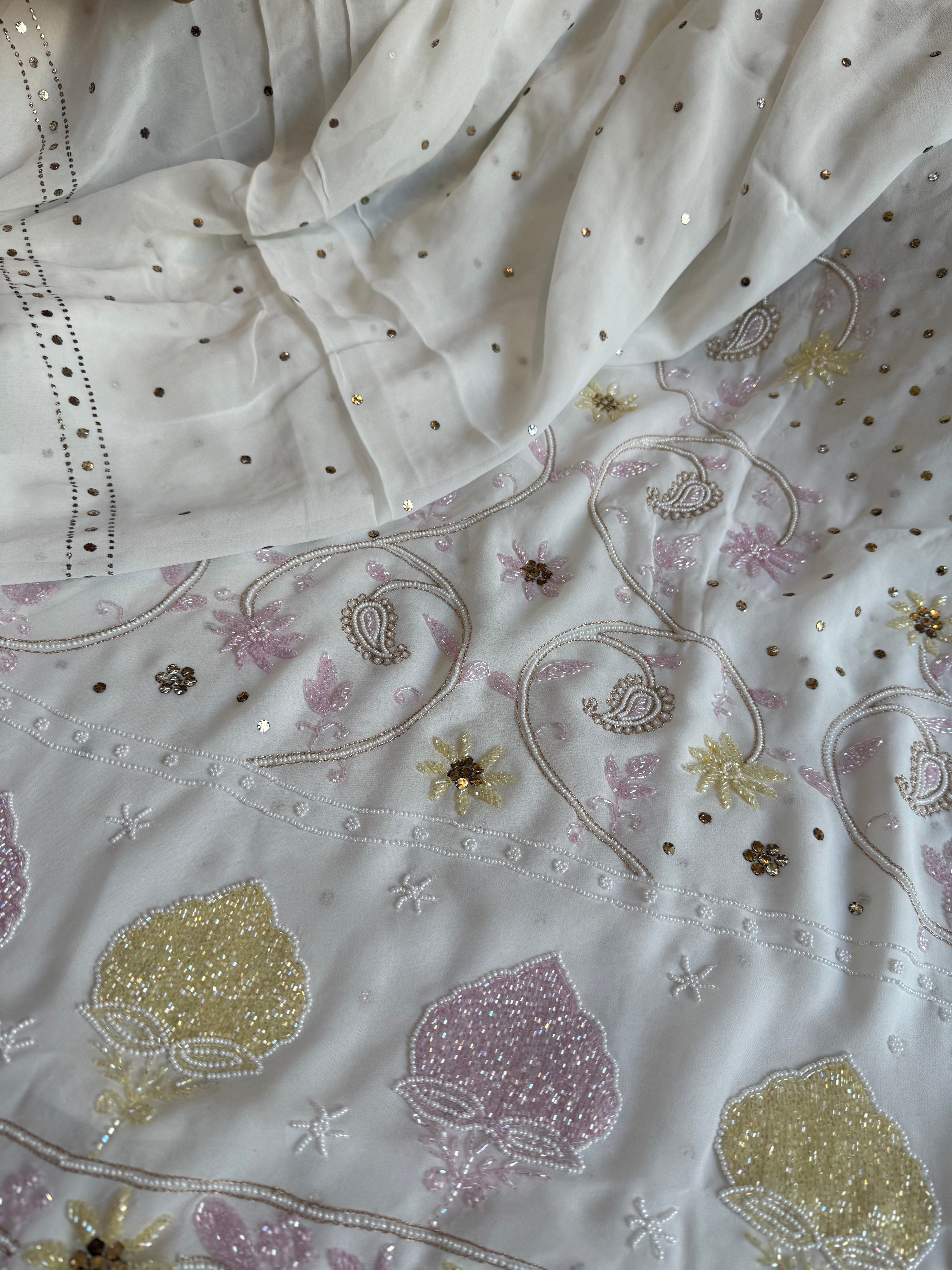 Banarasi gorgette mukaish and pearlwork hand embroidered kadhwa suit sets