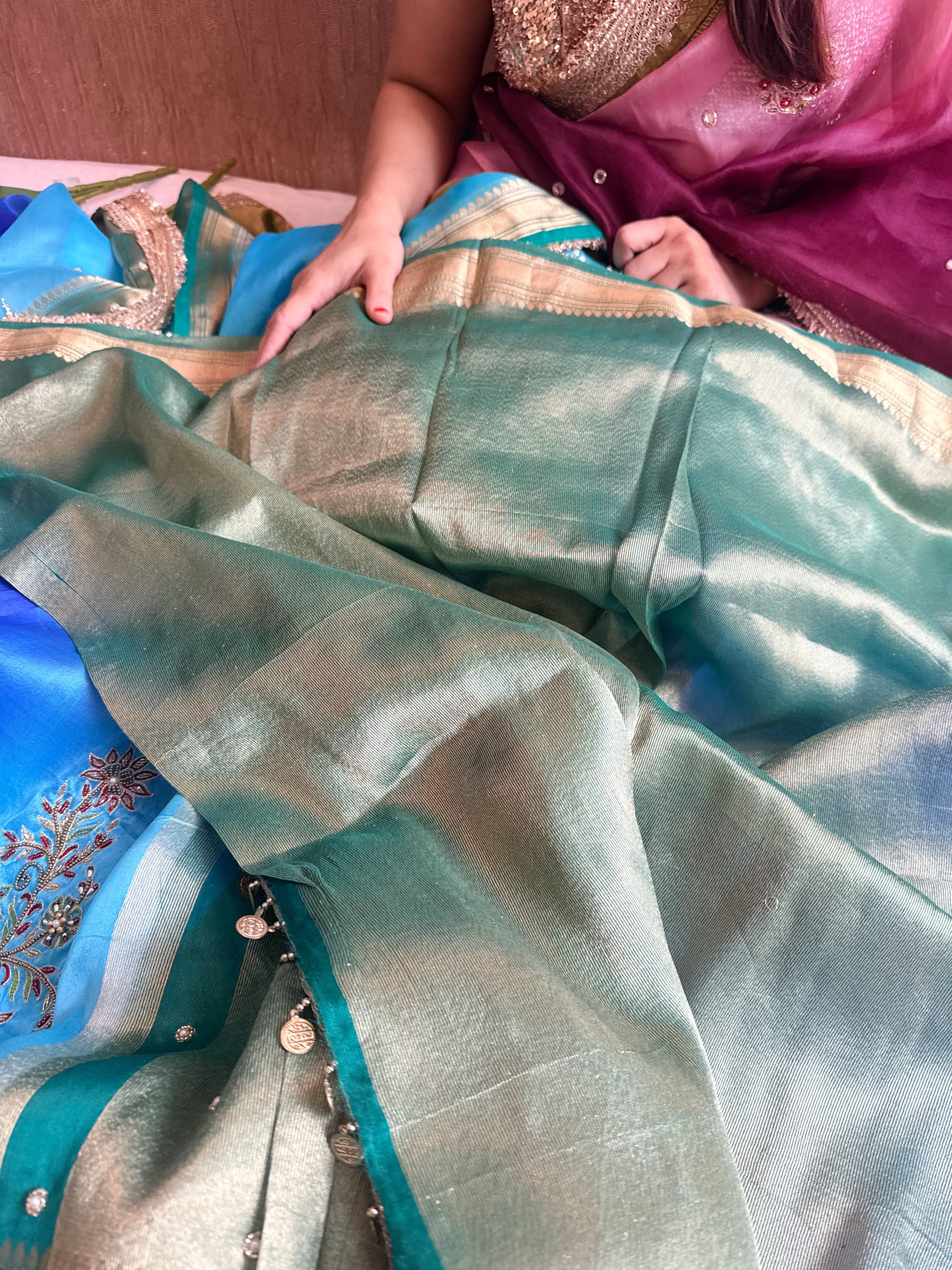 Husn ganga jamuna contrast border kora silk hand embroidered saree