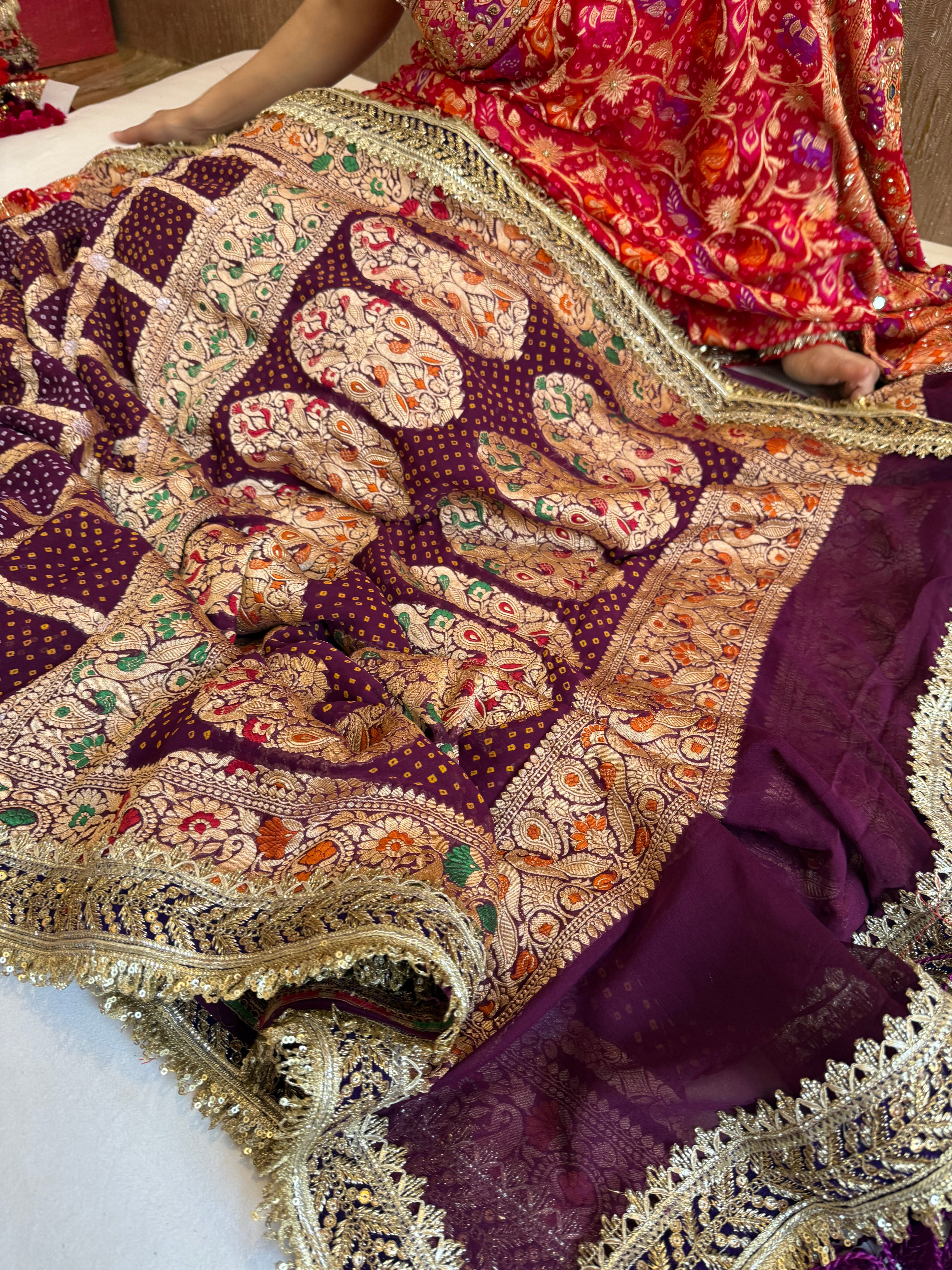 Banarasi rai bandhej gorgette gharchola gotapatti kadhwa saree