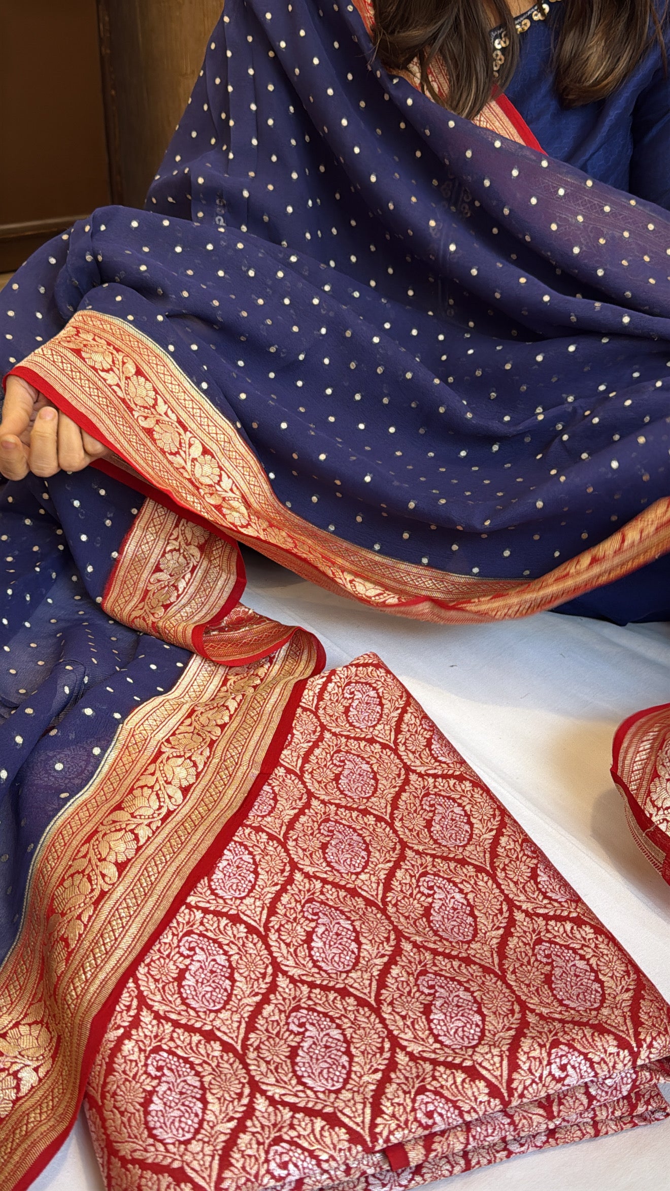 Blood red - persian blue chap dye moonga silk brocade kurta paired with gorgette duppata set