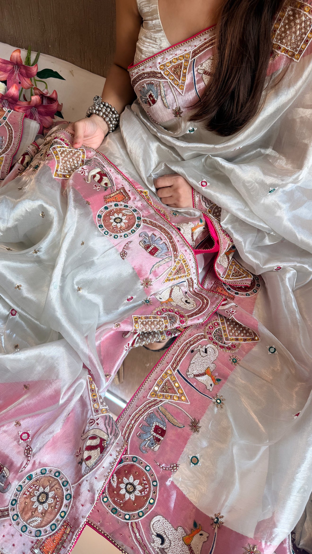 Sufi night saree - Diamond tissue silk kutchi meenakari work hand embroidered saree