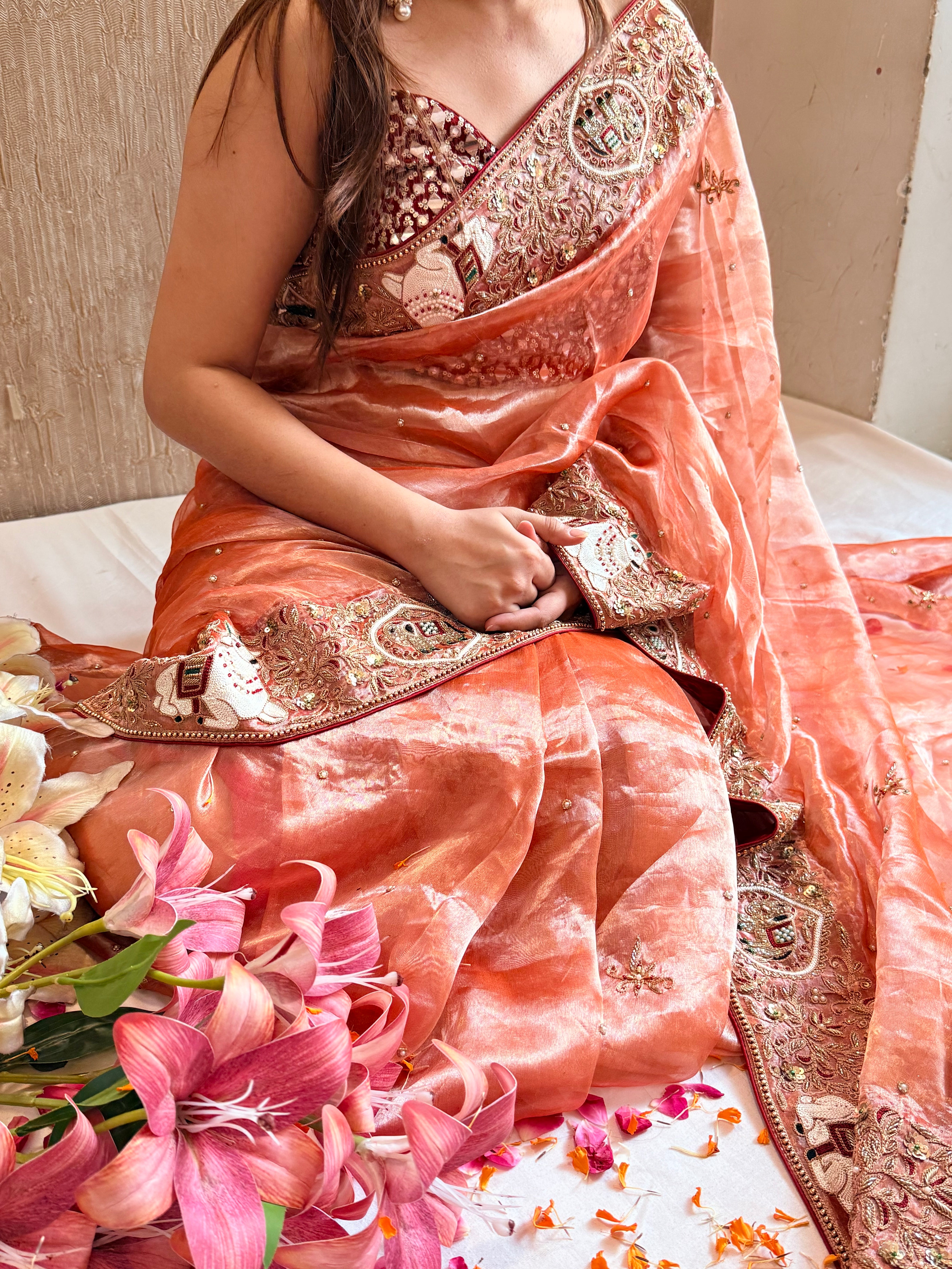 Chandramukhi edit - Fanta orange diamond tissue silk hand embroidered saree
