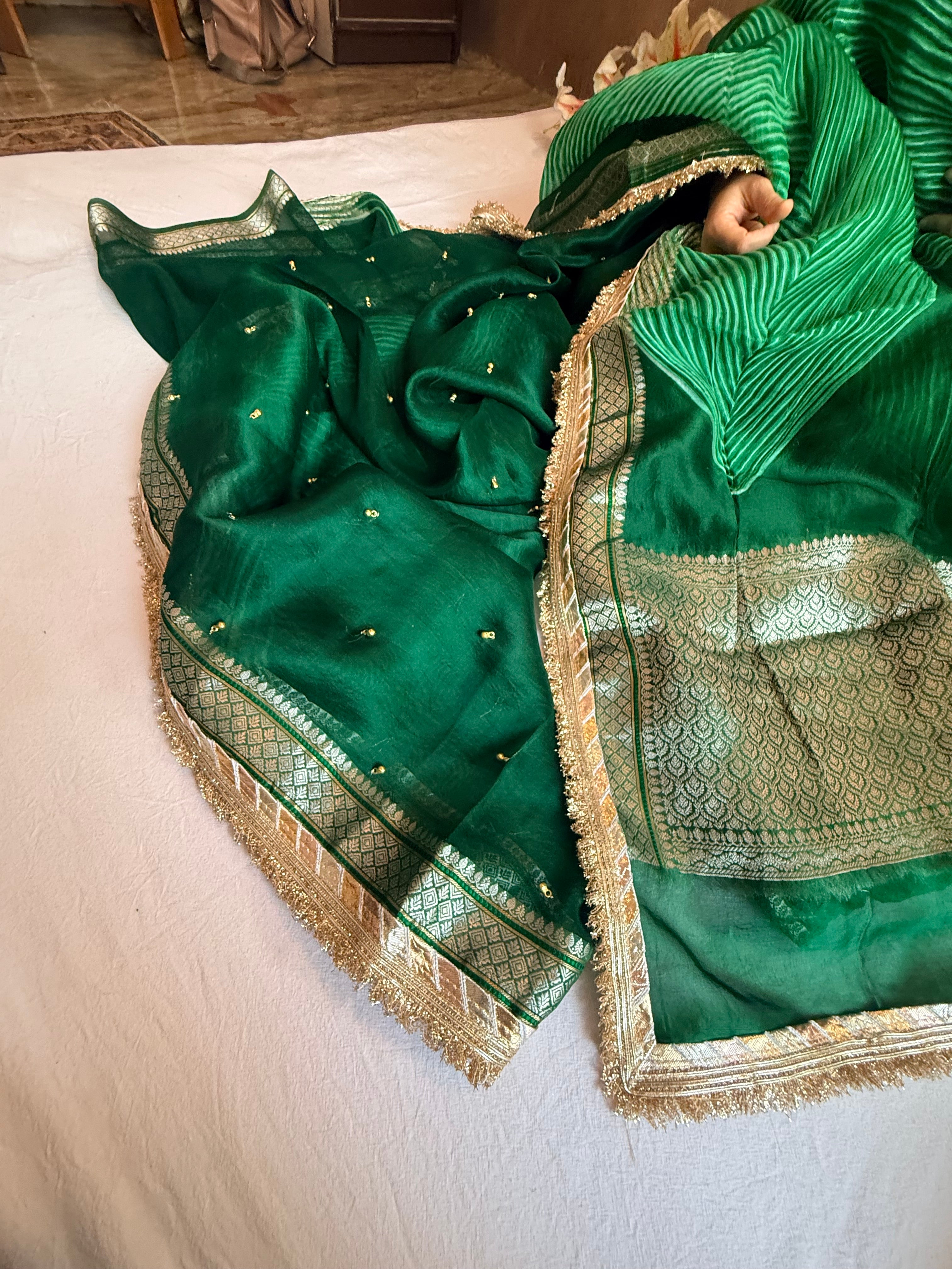 Arshi dye ghungro work kora silk banarasi kadhwa weaving saree