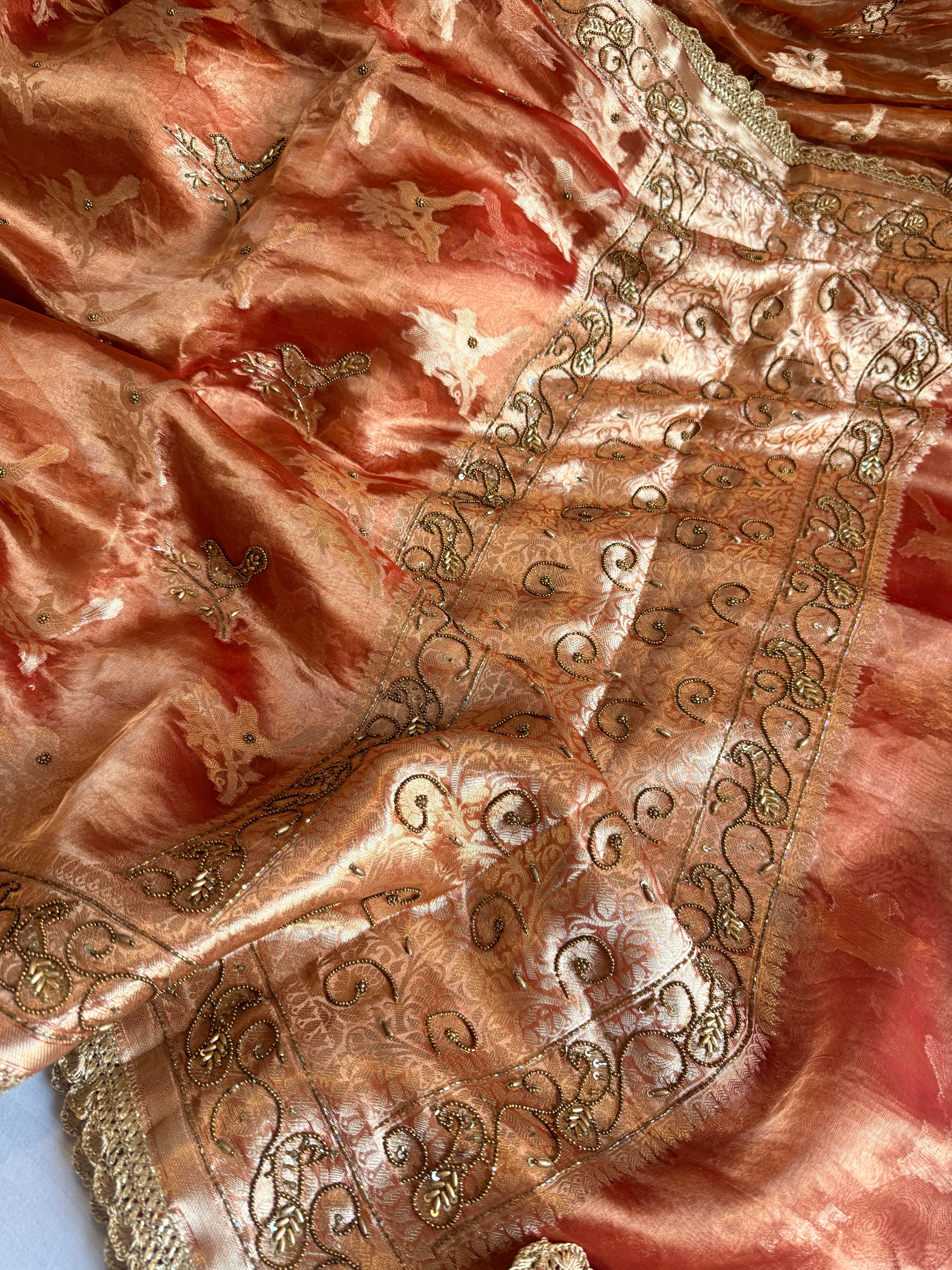 Chiraiya wali saree - Sunset red tissue silk figure motif weaving and hand embroidered saree