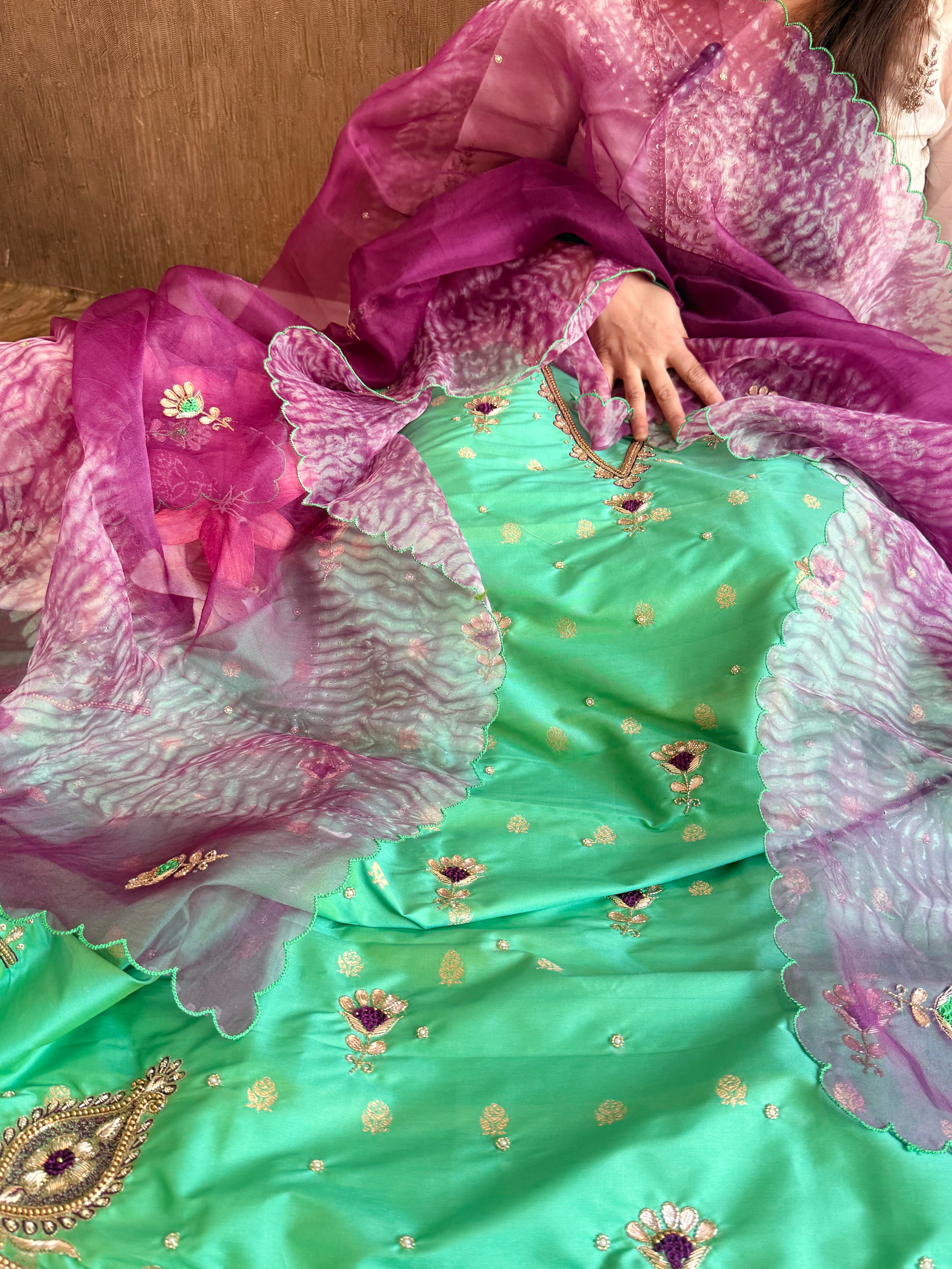 Katan silk hand embroidered banarasi kurta paired with kora silk duppata