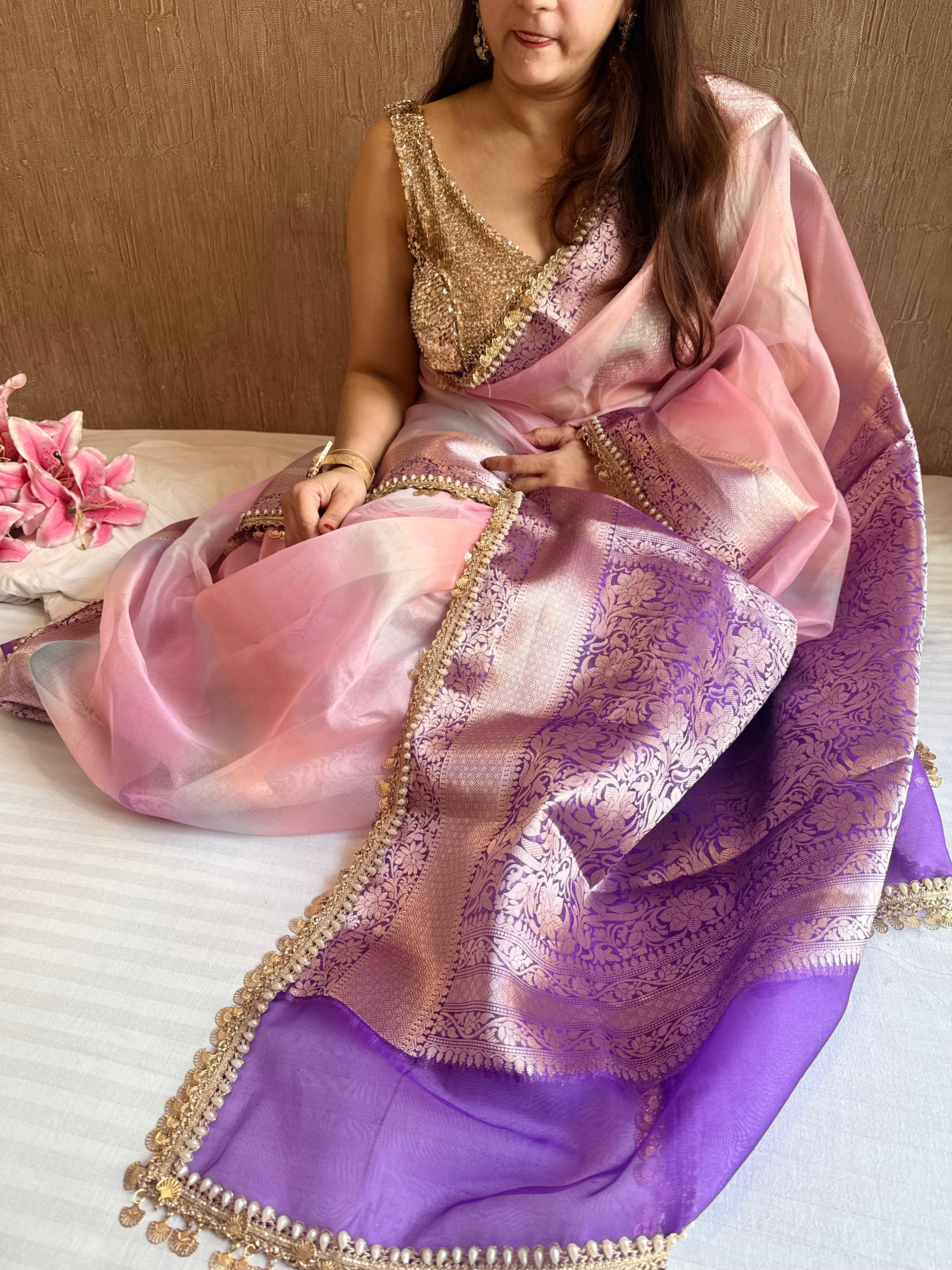 Banarasi kora silk rainbow dyed kadhwa saree with gotapatti work