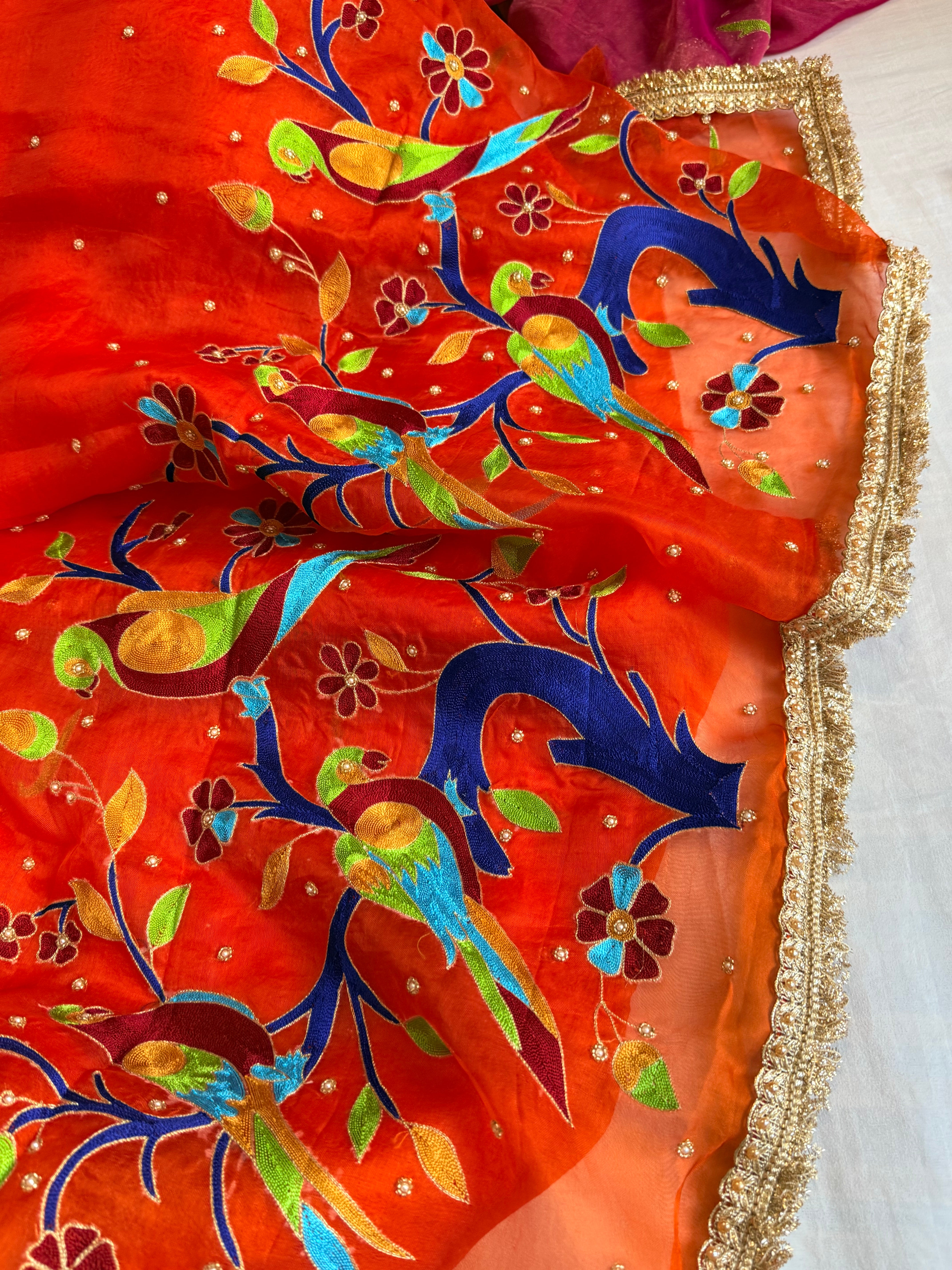 Blood red kora silk paithani meenakari hand embroidered saree