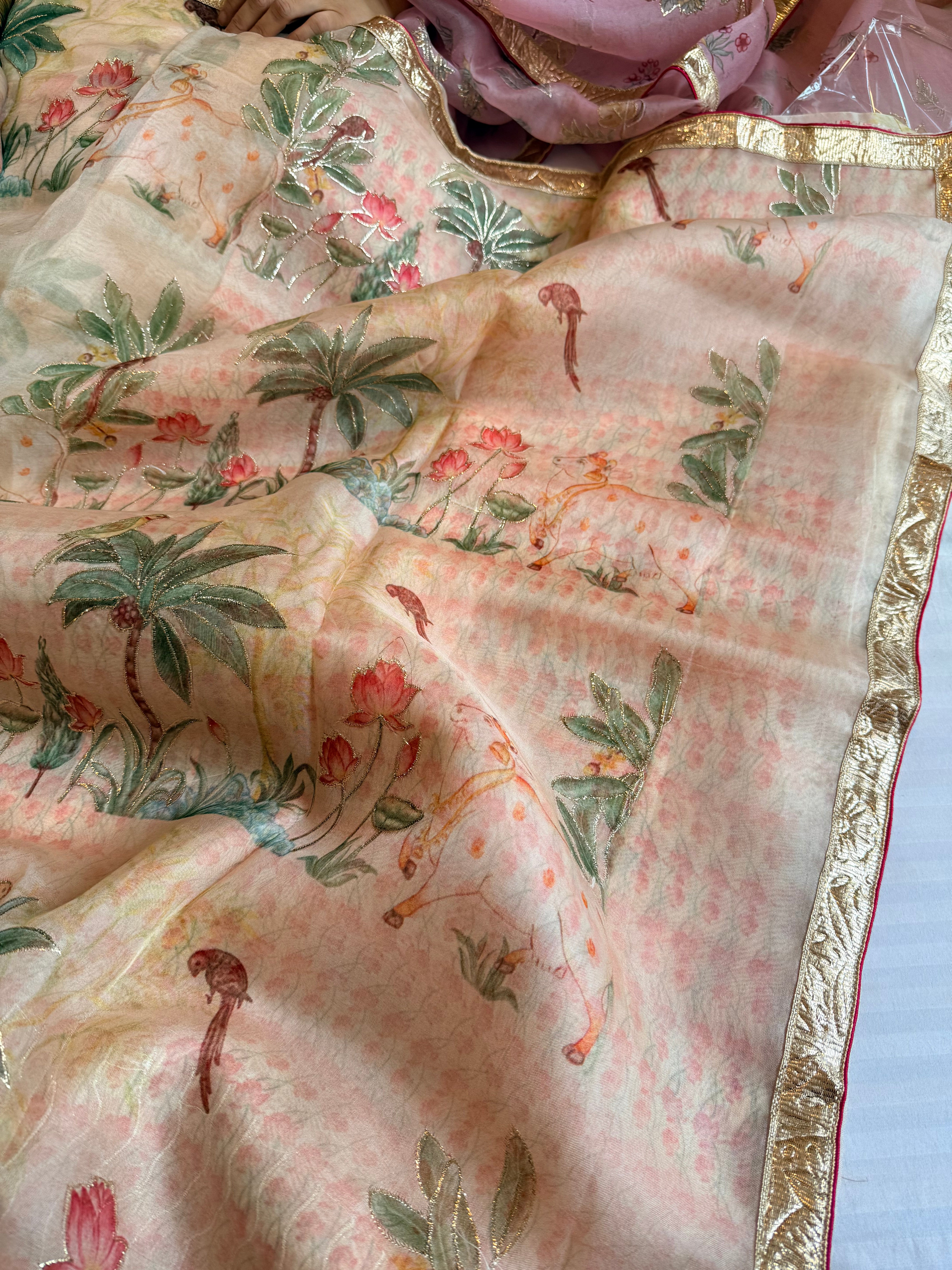Kora silk printed lampi gotapatti hand embroidered saree