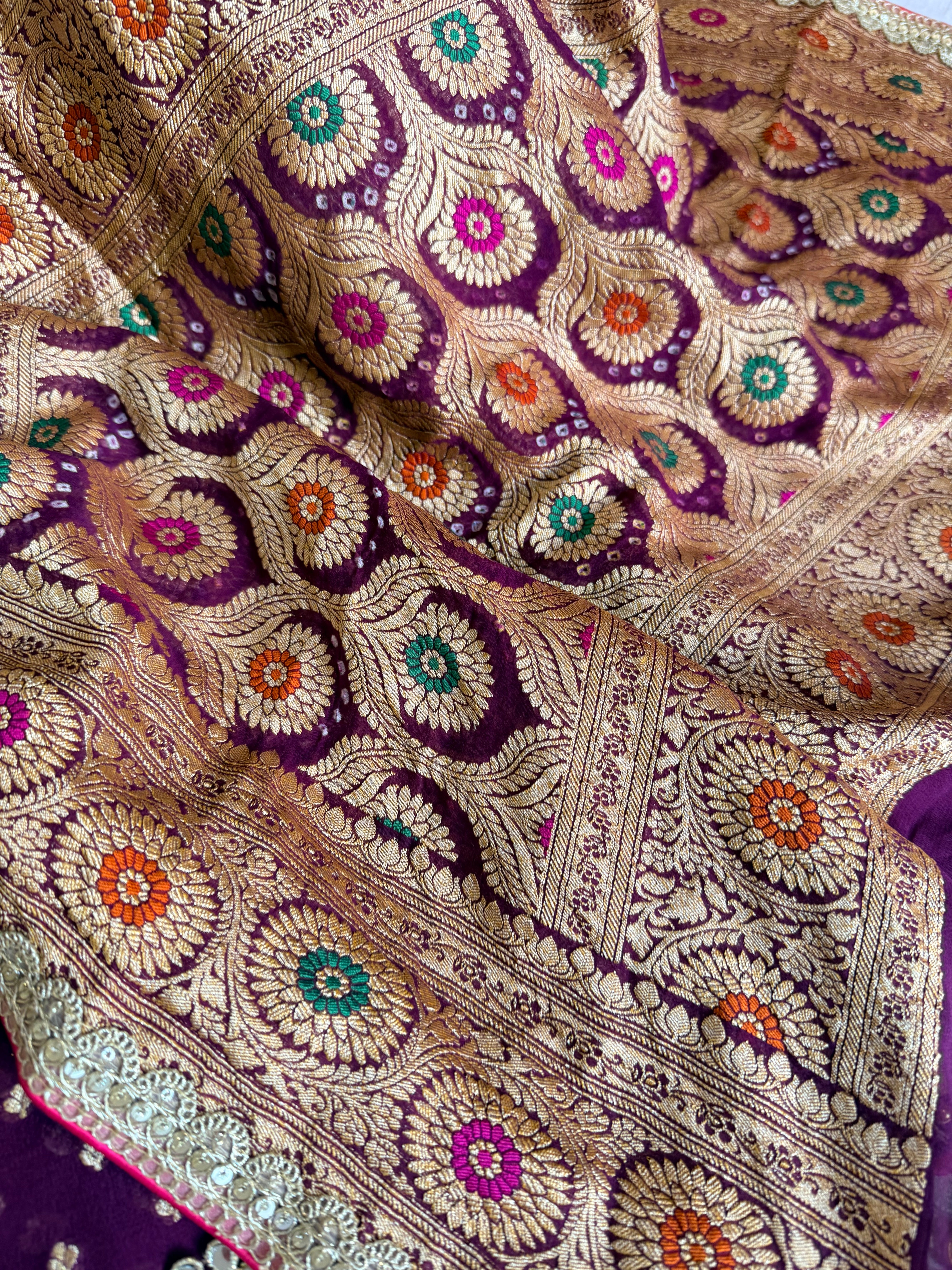 Rai bandhej brinjal purple banarasi chiffon gorgette gotapatti suits