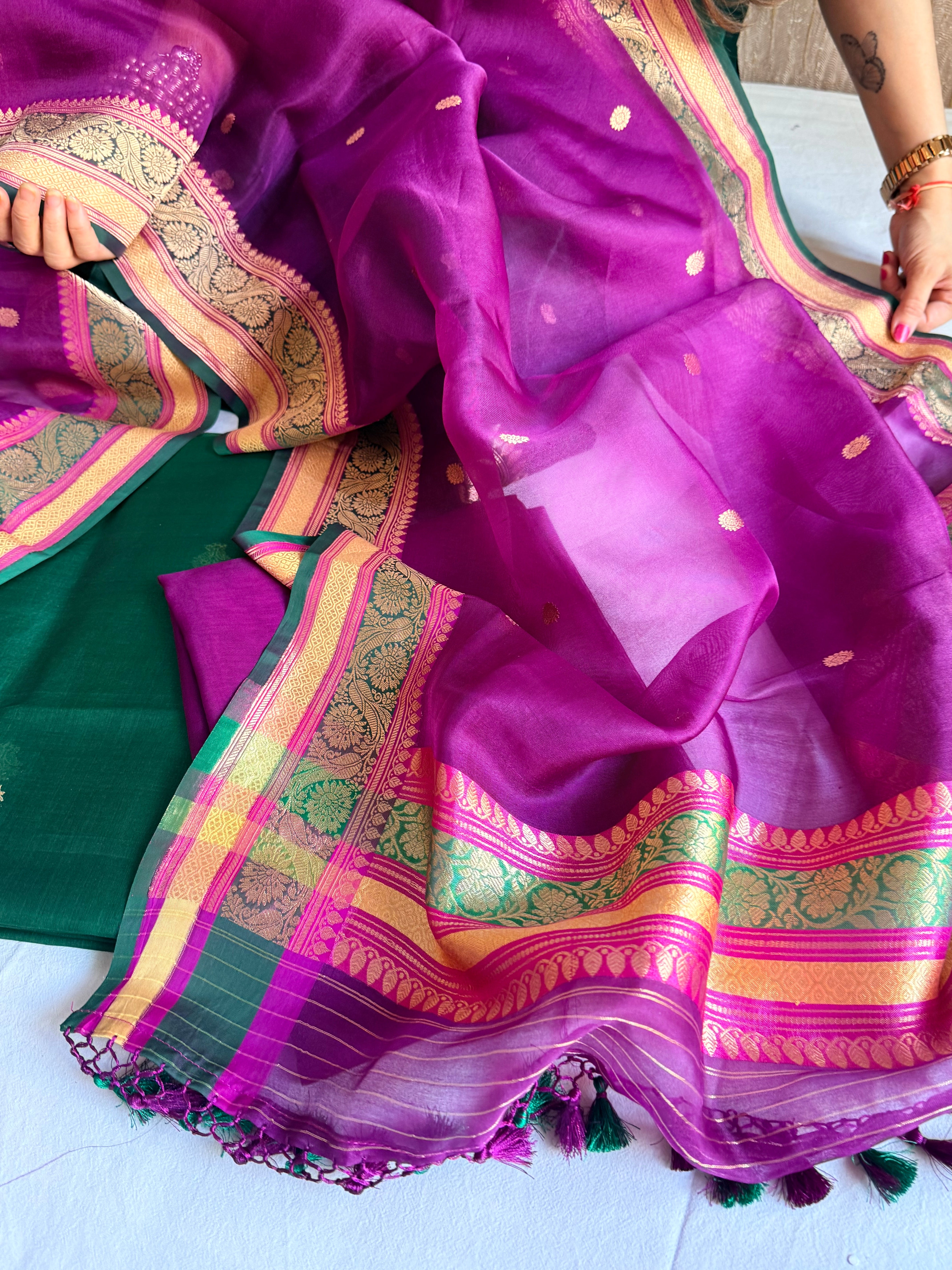 Banarasi purple-bottle green banarasi meenkari kadhwa border chap dye suits