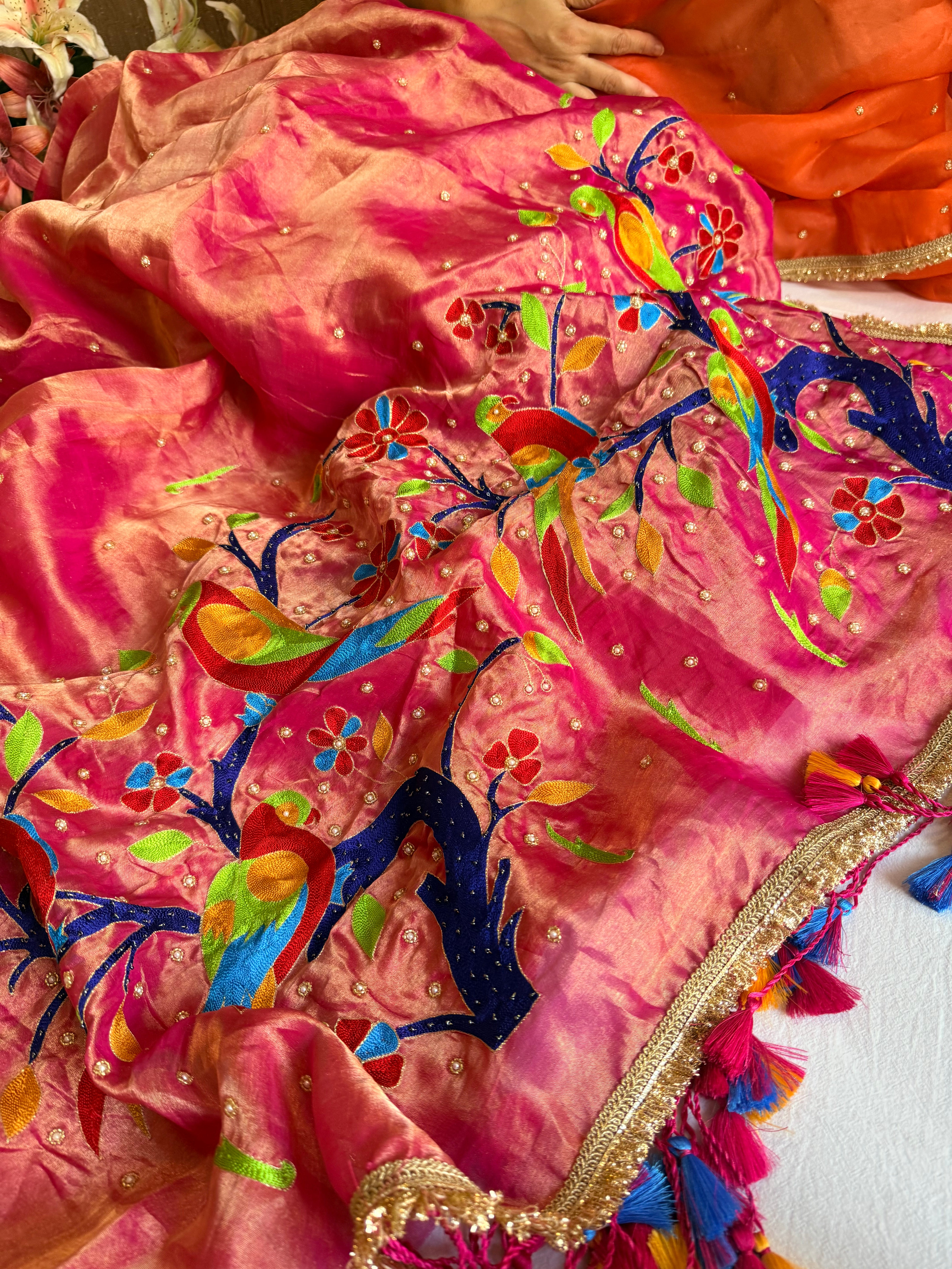Barbie pink tissue silk paithani weaving hand embroidered kadhwa saree