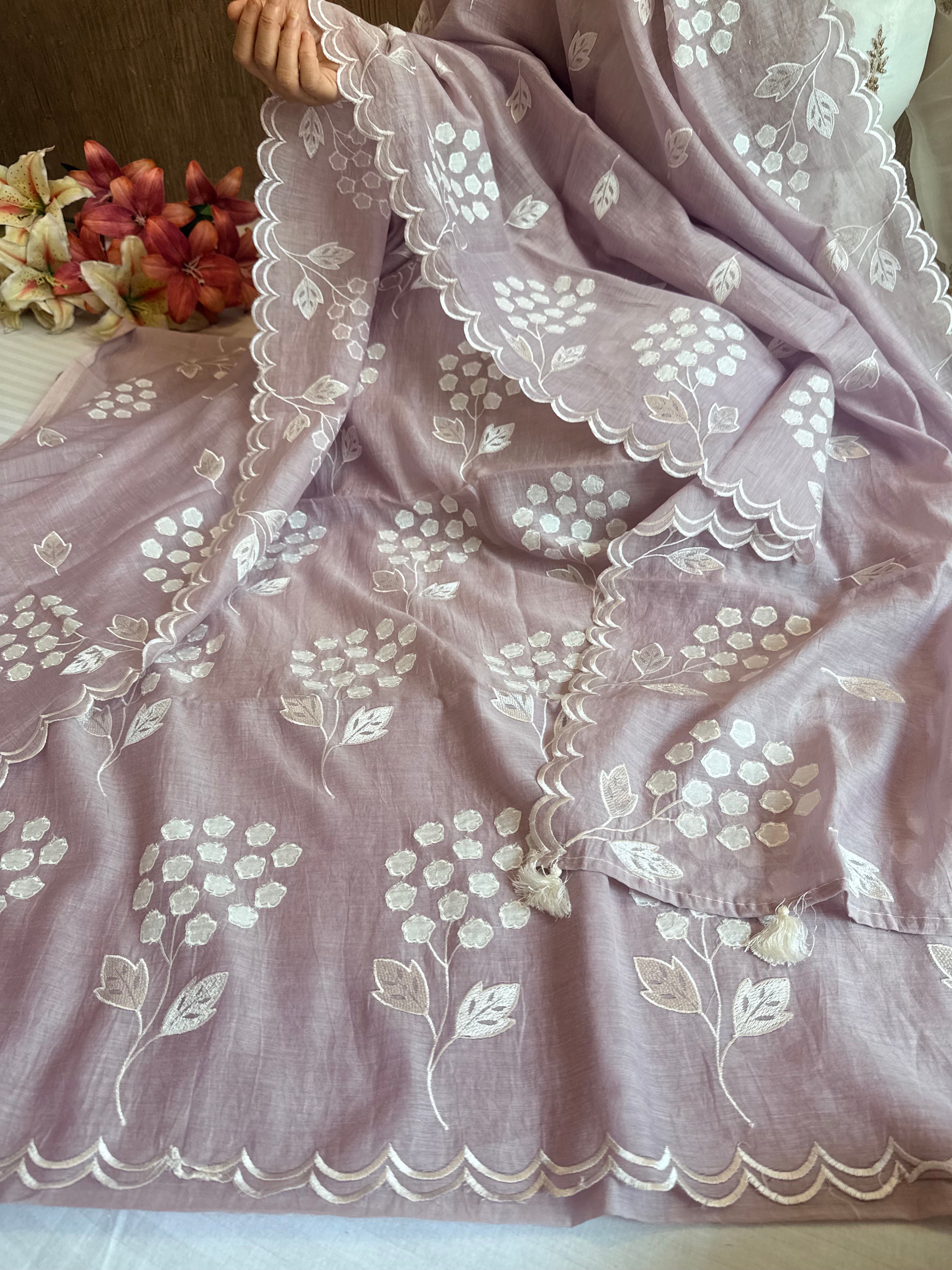 Alia bhatt inspired blush mouve pink mulmul appliqué work suit set