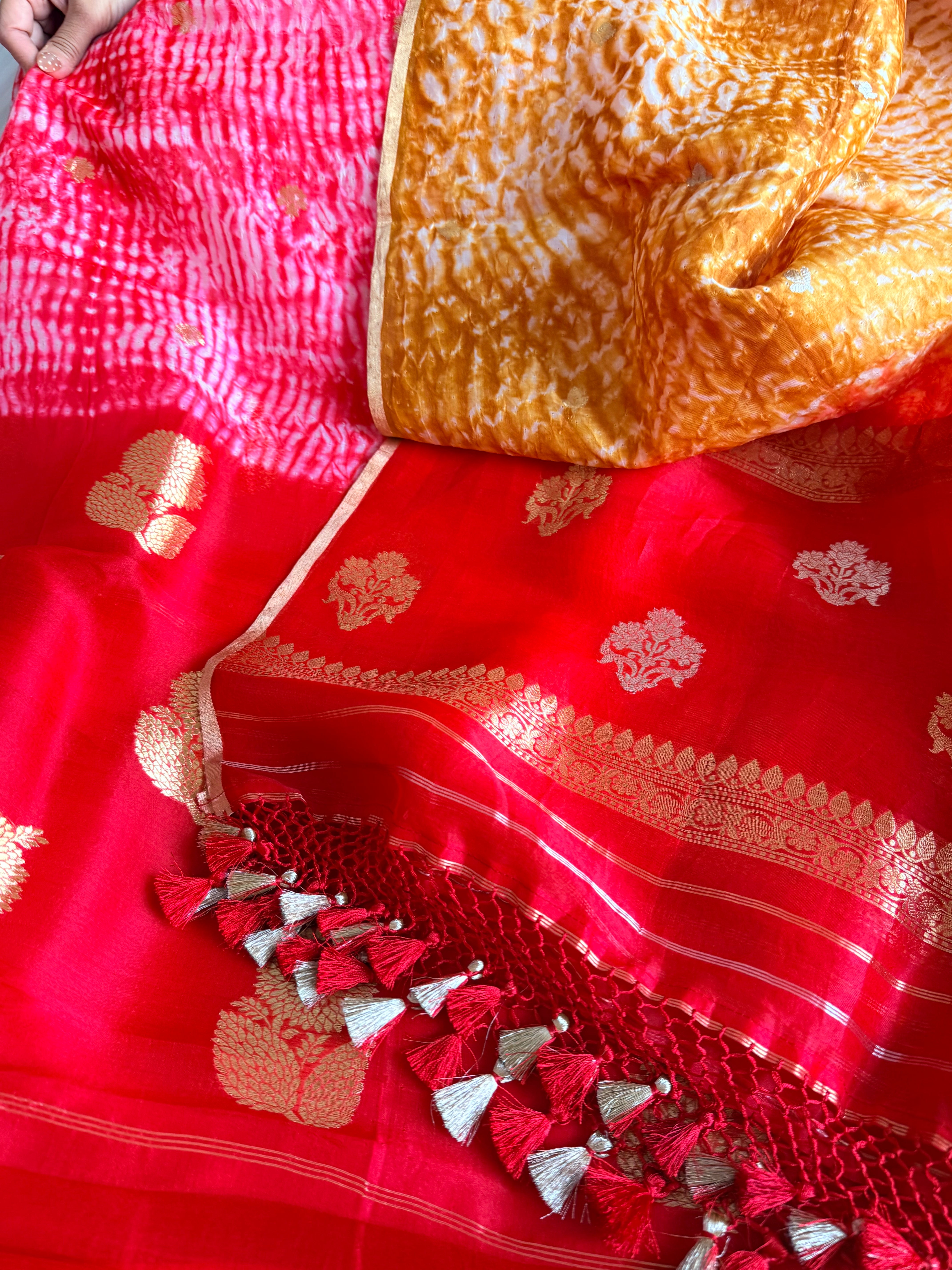Shibori dye banarasi kora silk red-mustard orange kadhwa buti suit set