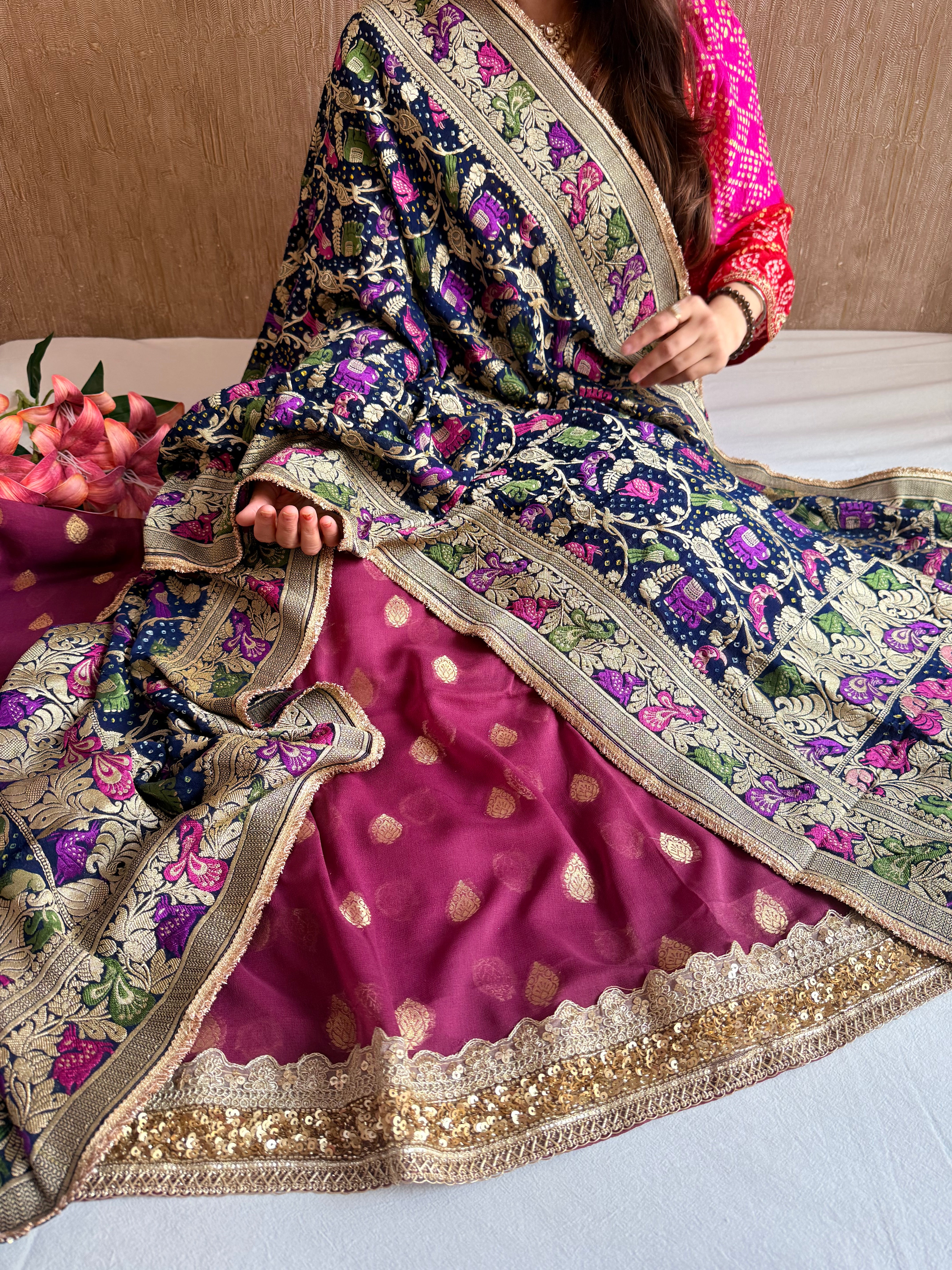 Rai bandhej chiffon gorgette sequin work hand embroidered suit set