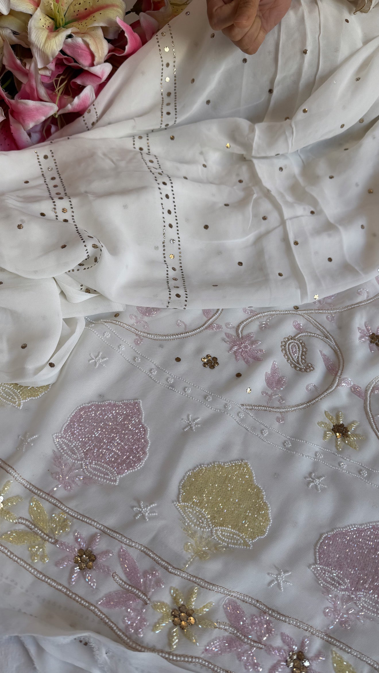 Banarasi gorgette mukaish and pearlwork hand embroidered kadhwa suit sets