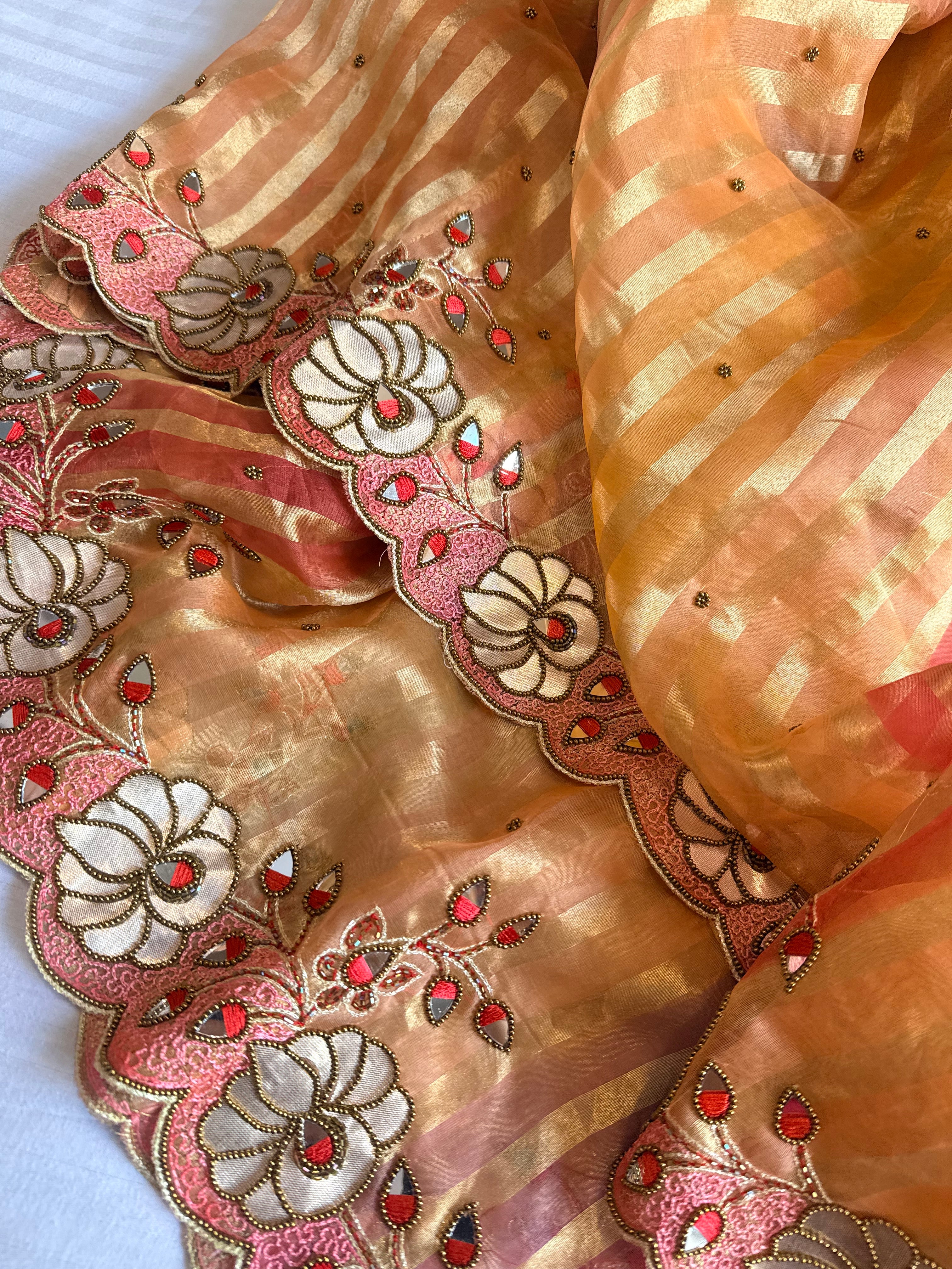 Phool wali rangeen tissue silk striped rangkaat hand embroidered saree