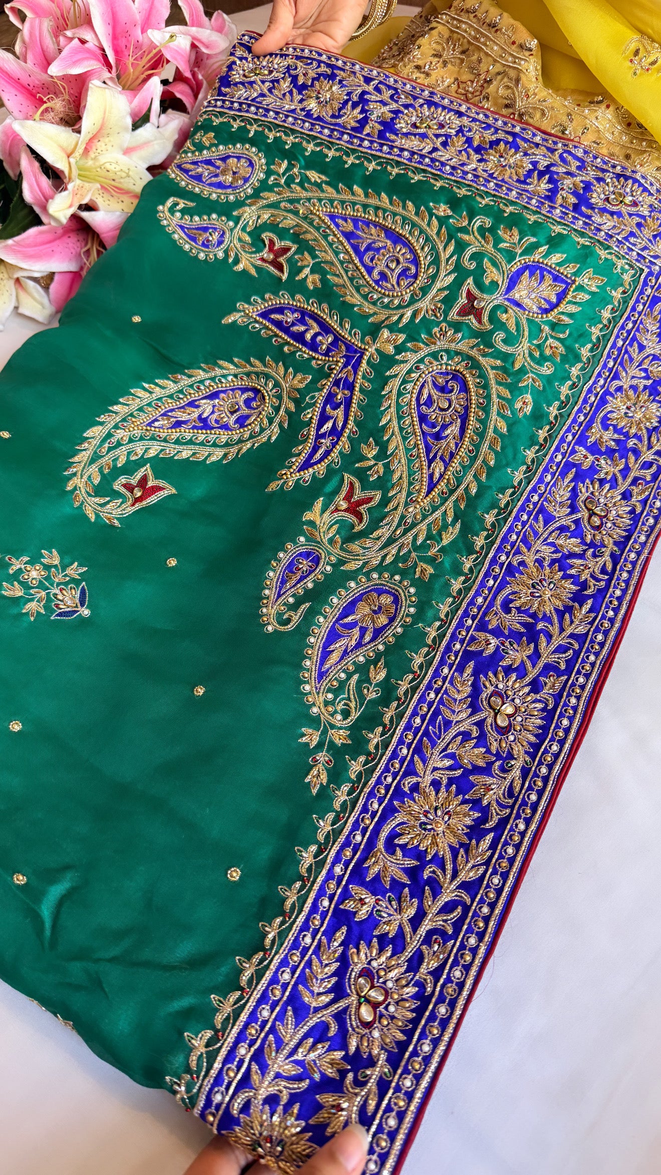 Mummy ki purani wali saree edit - Blue-green-purple kora silk kadhwa hand embroidered saree