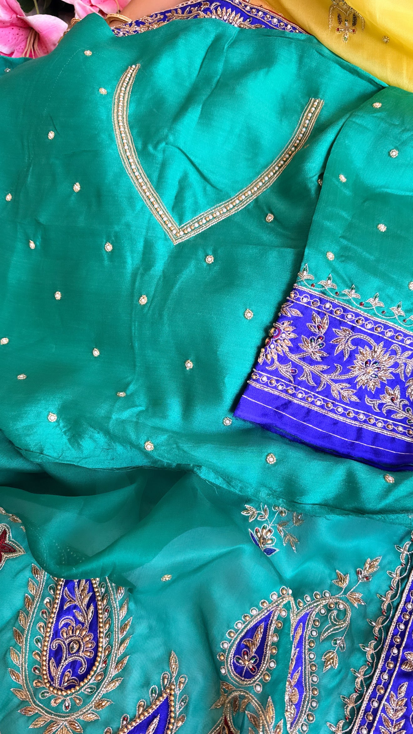 Mummy ki purani wali saree edit - Blue-green-purple kora silk kadhwa hand embroidered saree