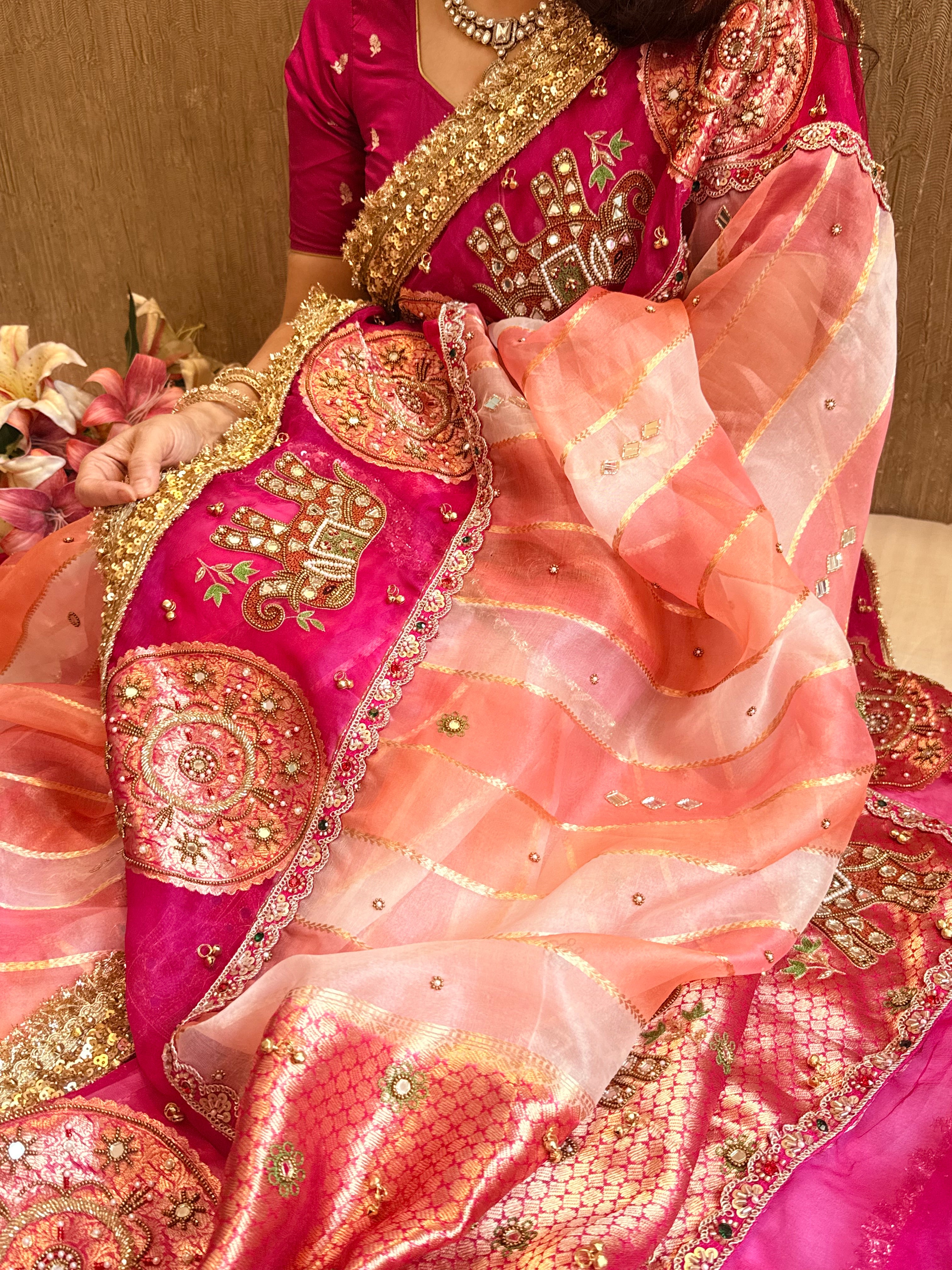 Navratan edit - Gola buti and hathi work hand embroidered kora silk saree
