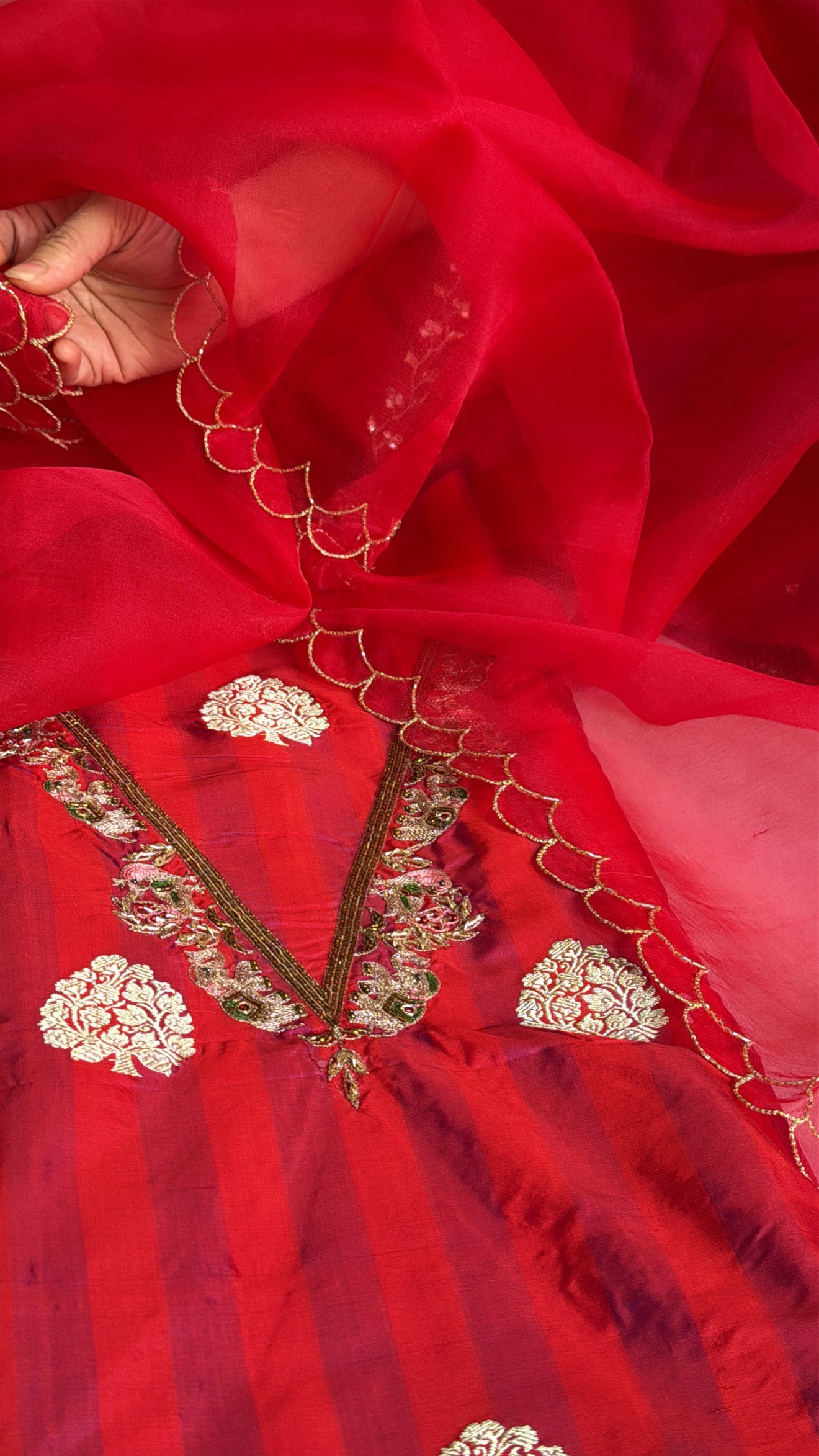 Blood red-cherry red dhup chao effect katan silk striped kurta paired with Kora silk scalloped duppata set