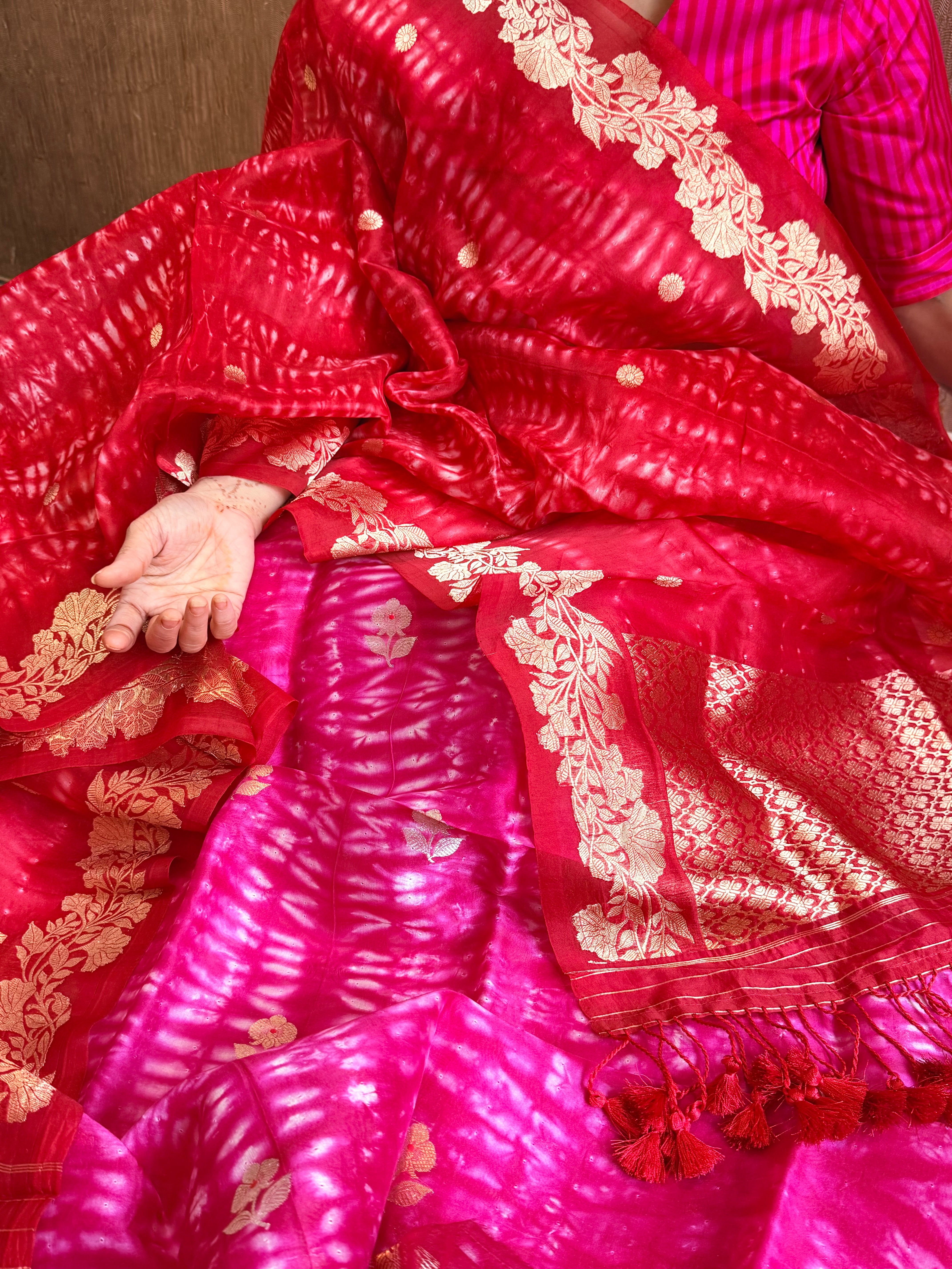 Hot pink - red  banarasi blue kora silk shibori dye kadhwa suit set