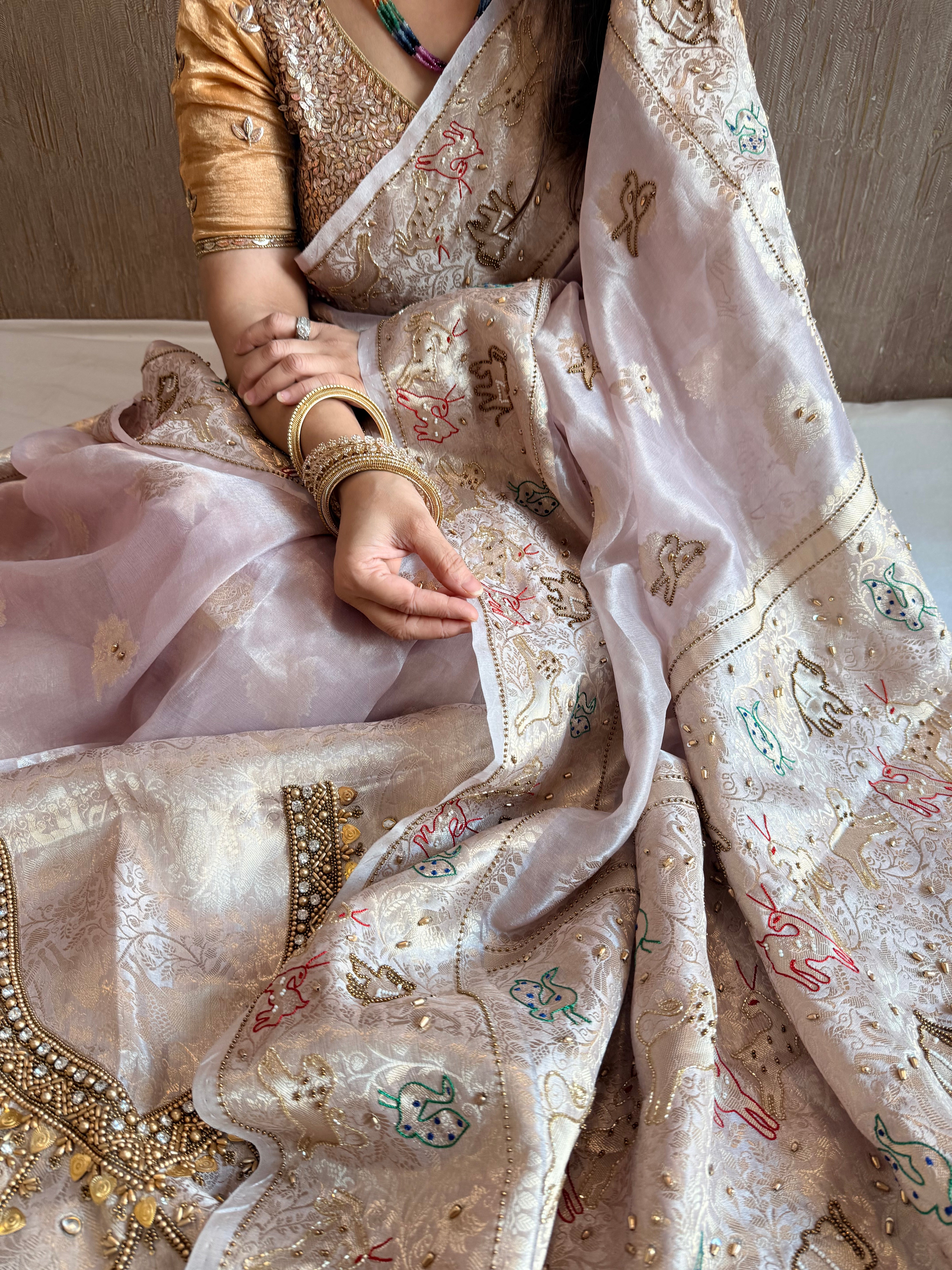Vrindavan edit saree - Nude lilac diamond tissue silk hand embroidered jadau work saree