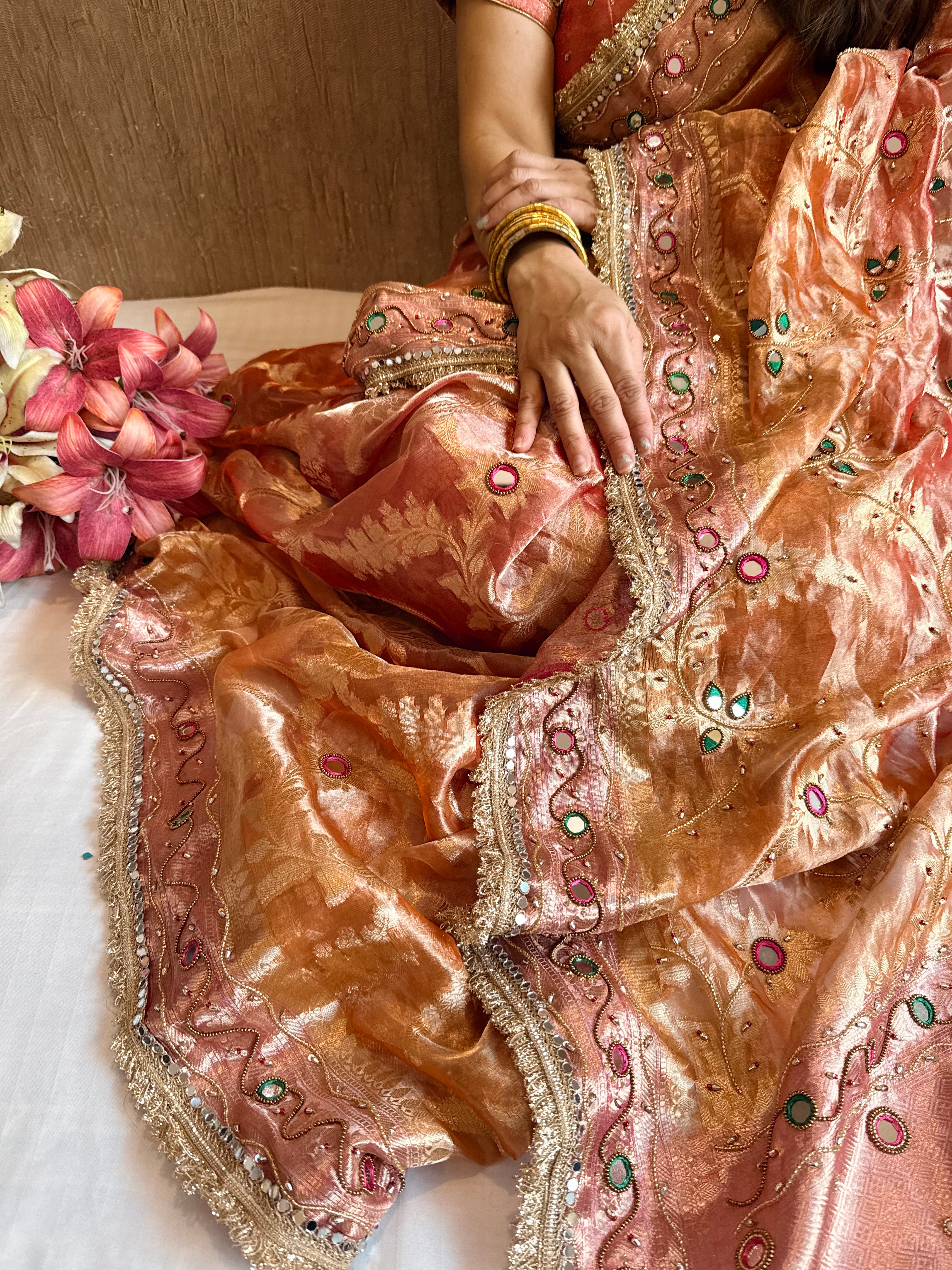 Kumkum edit tissue silk jaalwork hand embroidered saree