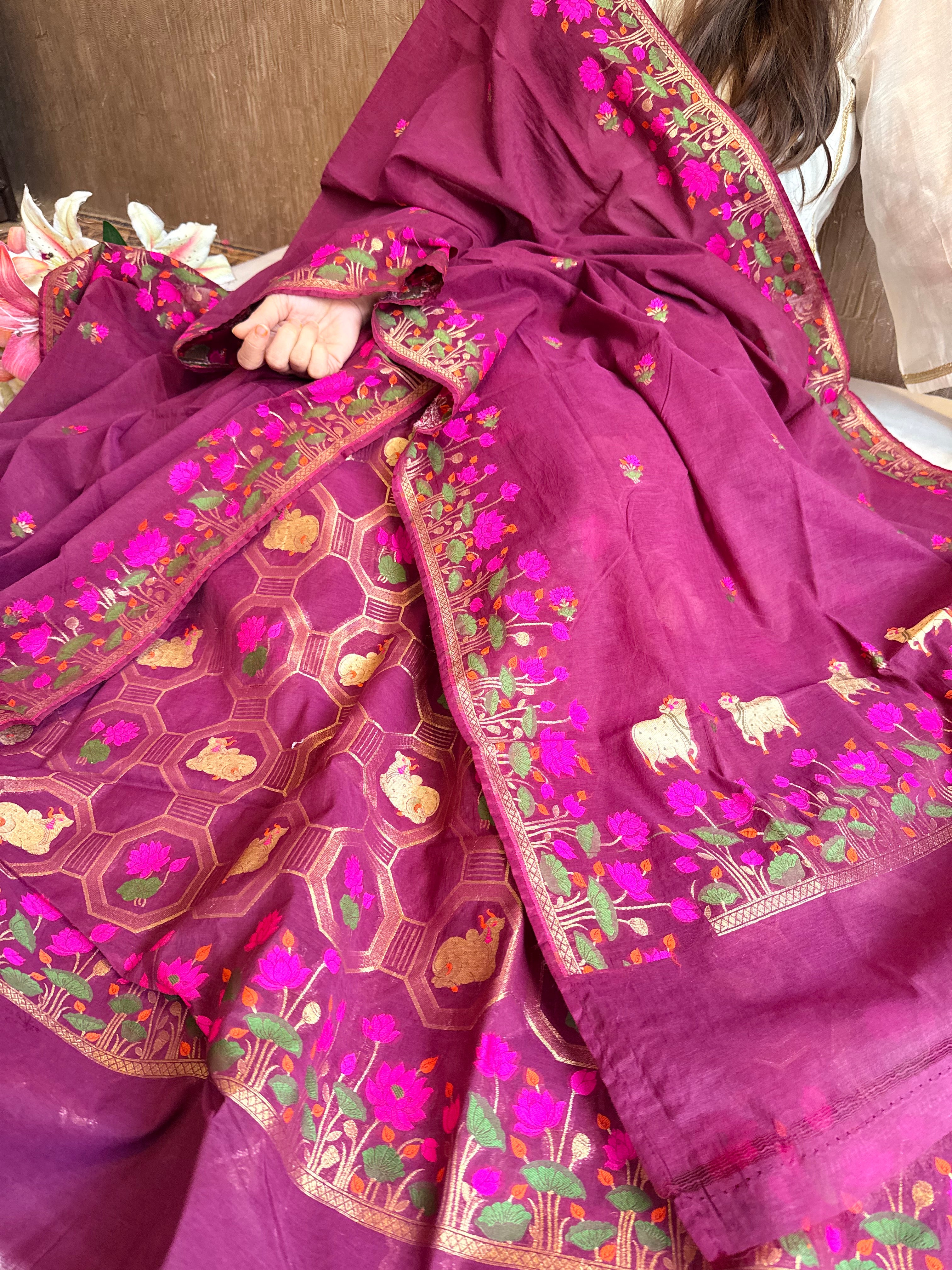 Mul cotton banarasi meenakari nandu motif suit sets