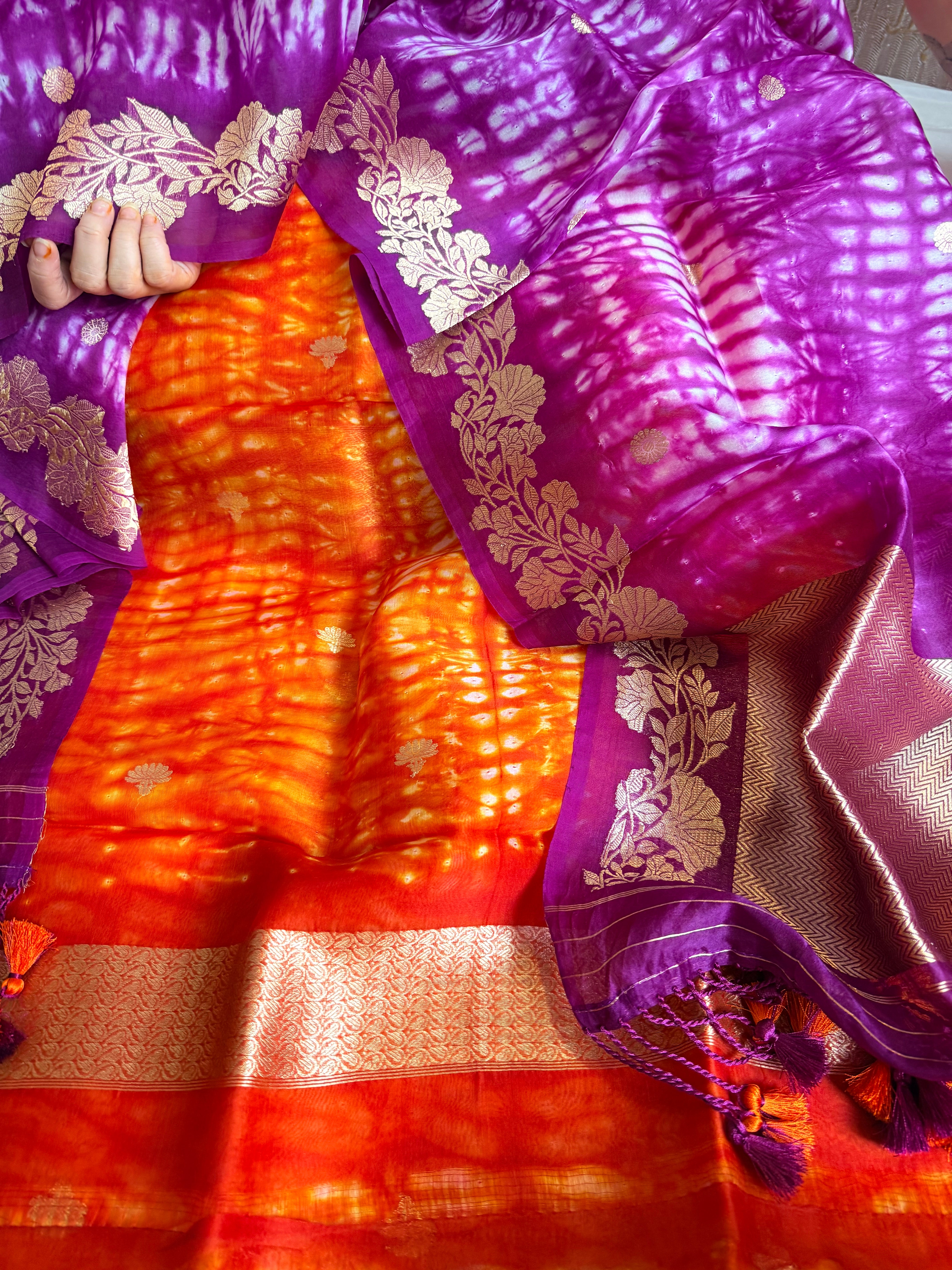 Purple - orange banarasi blue kora silk shibori dye kadhwa suit set