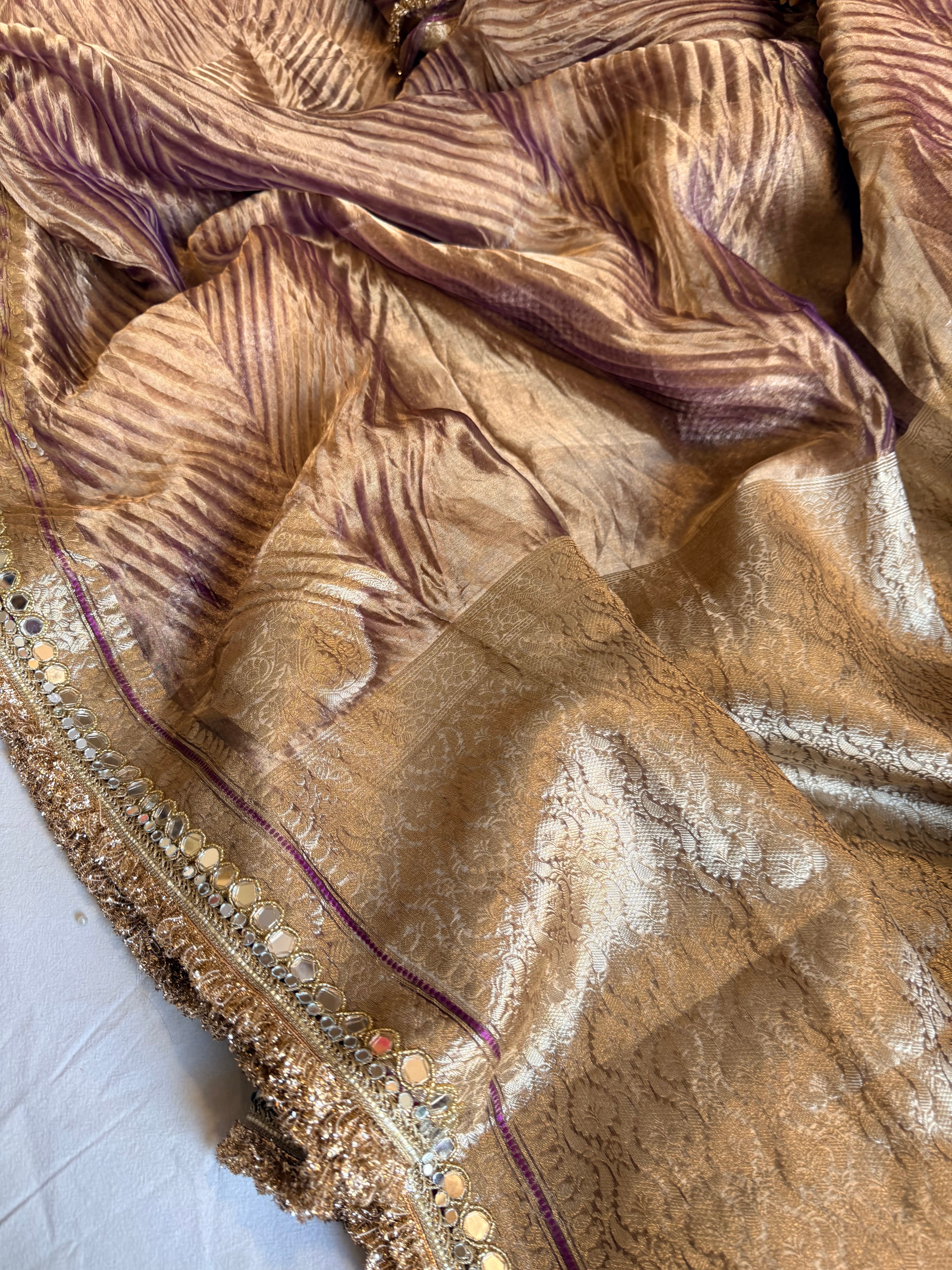 Lilac tissue silk arshi dyed mirrorwork hand embroidered kadhwa saree