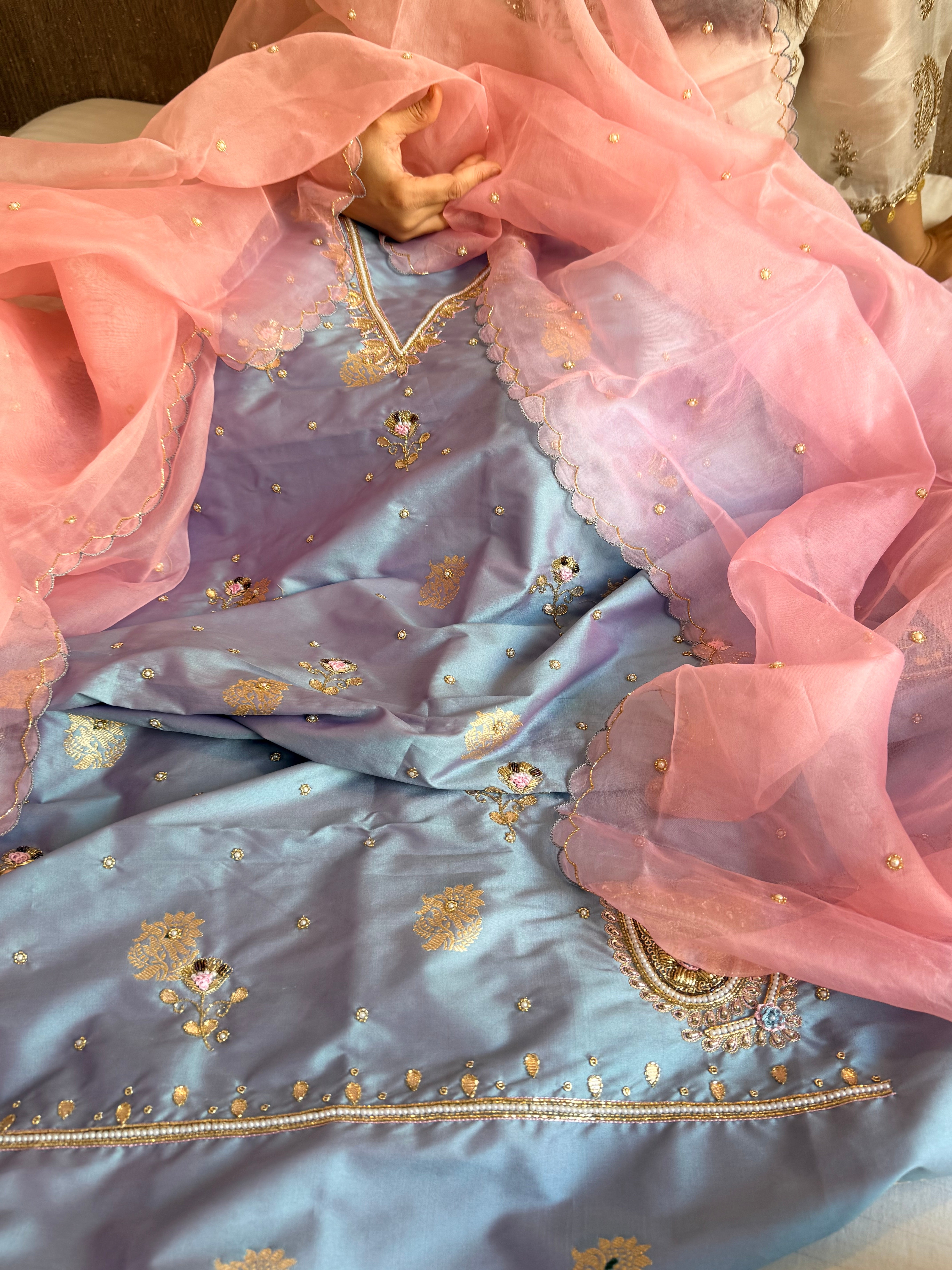 Katan silk hand embroidered banarasi kurta paired with kora silk duppata