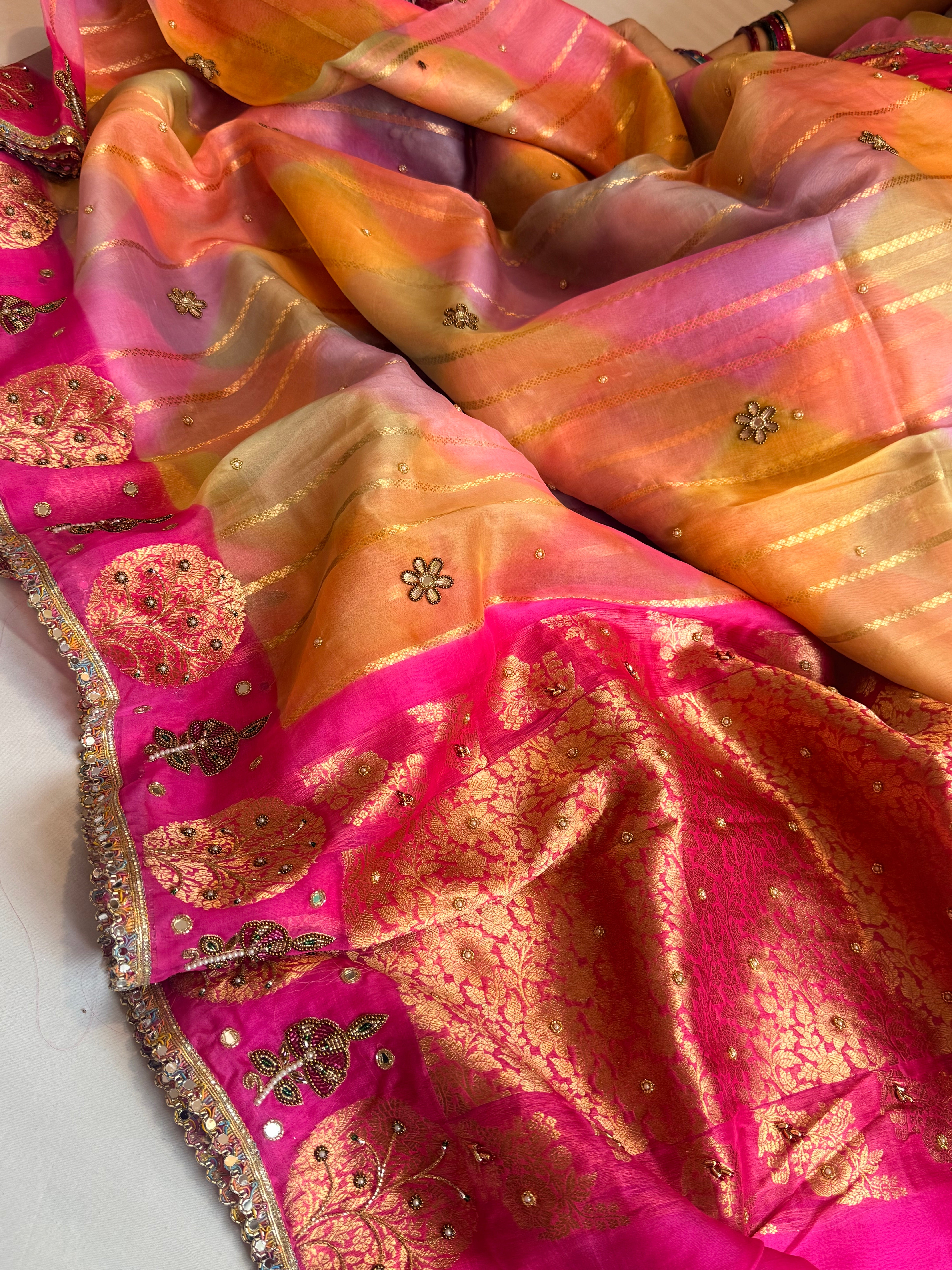 Gulab ka ras - Kora silk rangkaat weaving hand embroidered zubieda inspired saree