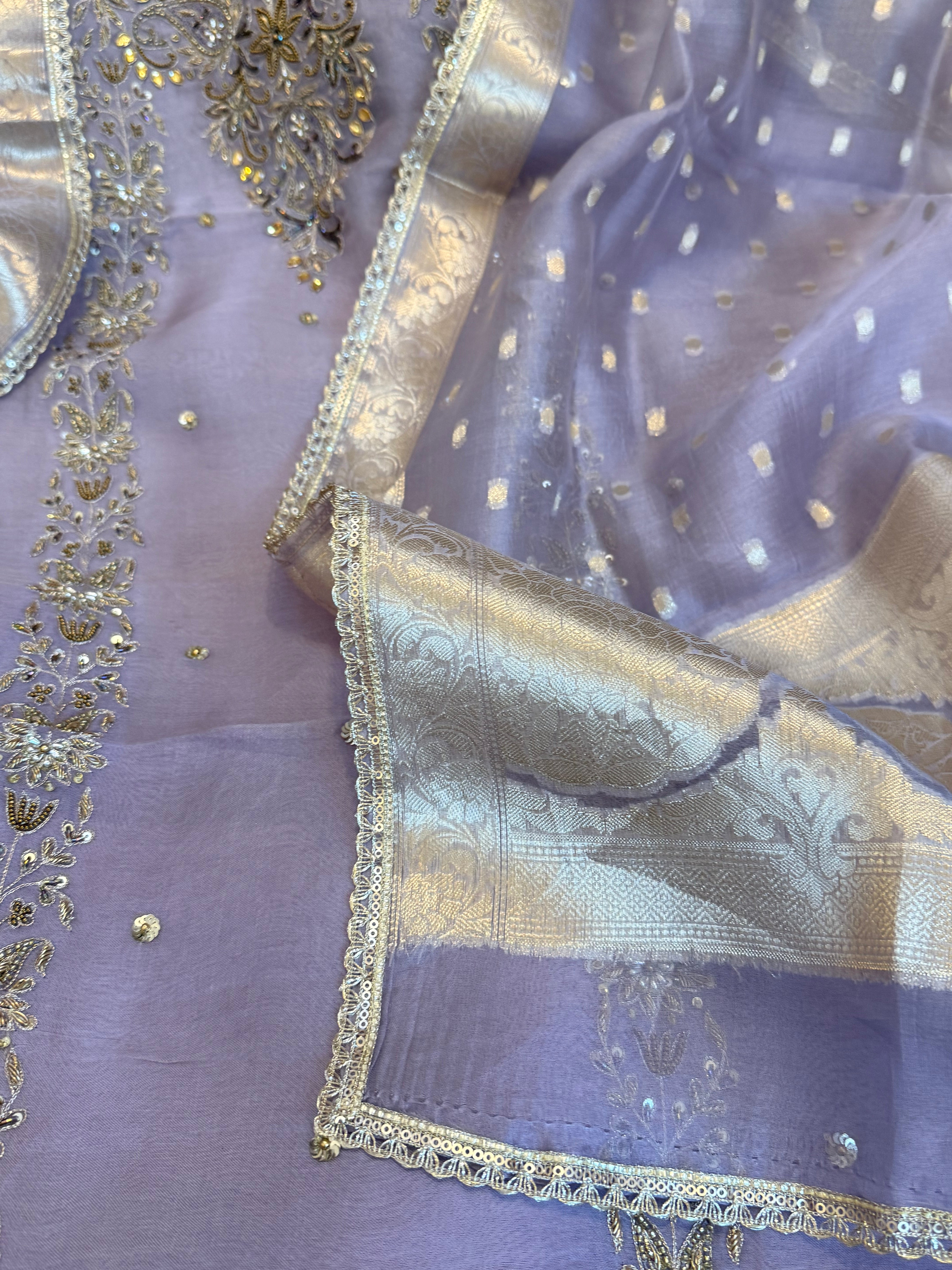 Lilac grey kora silk gotapatti hand embroidered suit set
