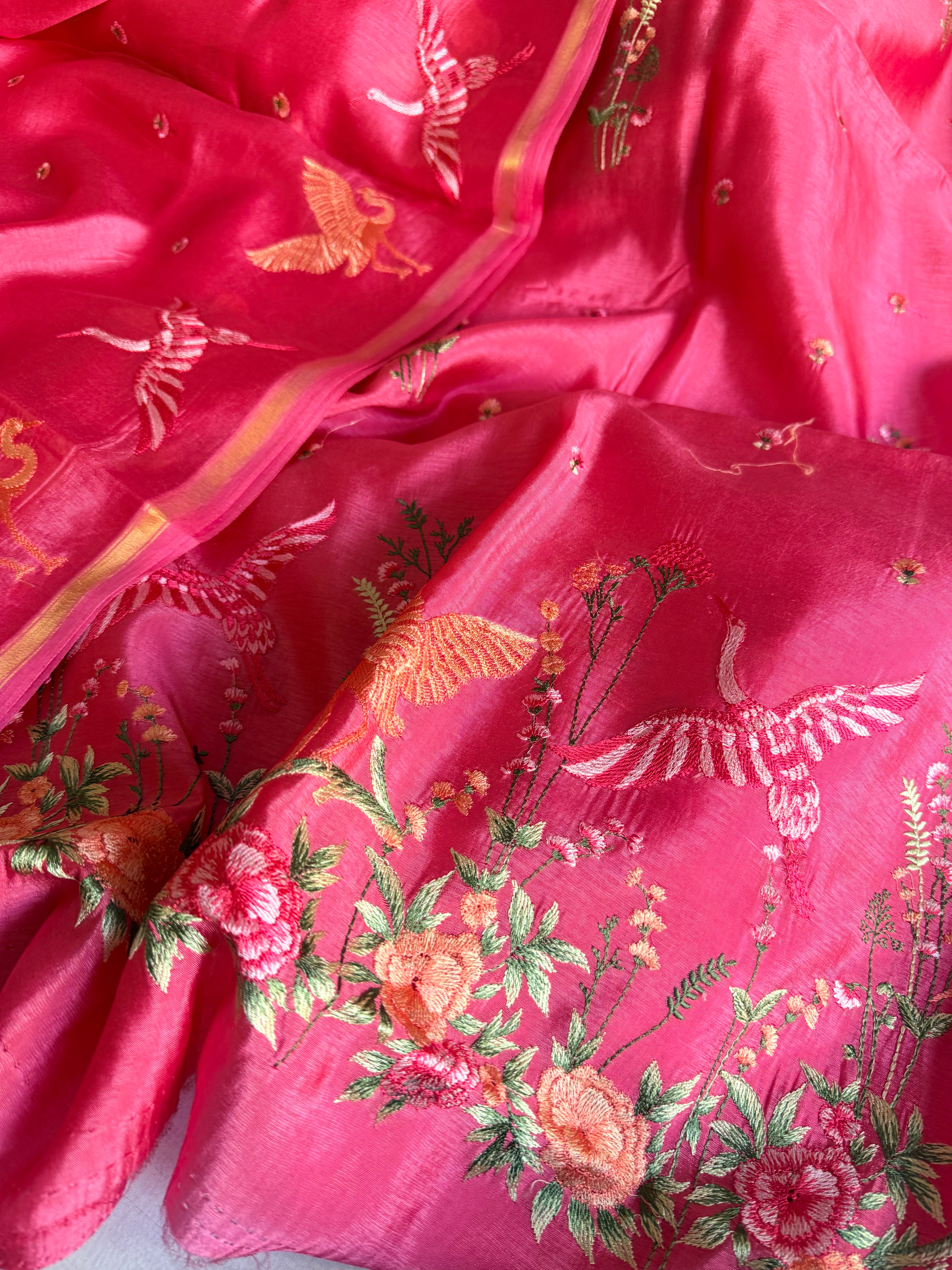 Suits under 10k - Spun chiniya silk parsi gara hand embroidered suit set